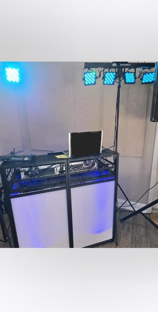 AxcessAbles Portable DJ Facade Booth with Black and White Lighting Scrims, Carry Cases | Standing DJ Table - 40