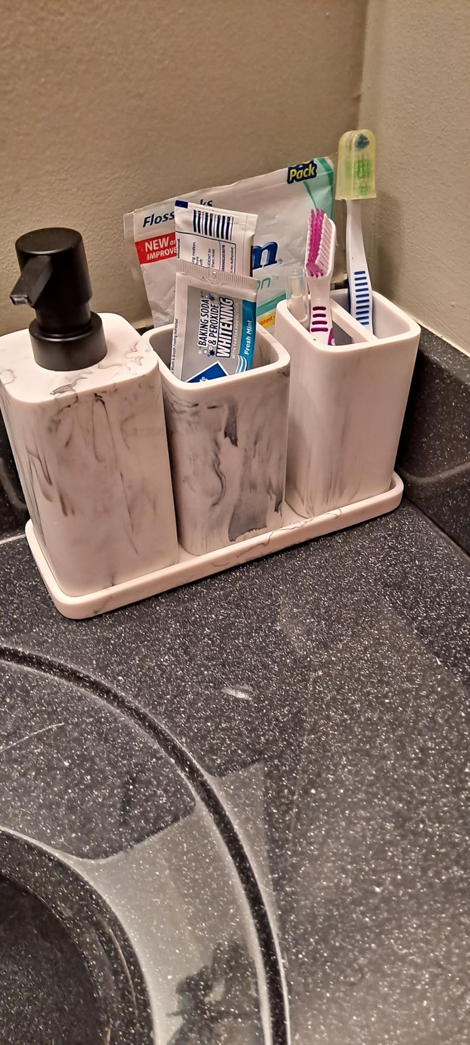 ZCCZ Bathroom Accessory Sets, 4 Pieces Bathroom Accessories Complete Set Vanity Countertop Accessory Set with Marble Look, Includes Lotion Dispenser Soap Pump, Tumbler, Toothbrush Holder and Tray customer photo 2