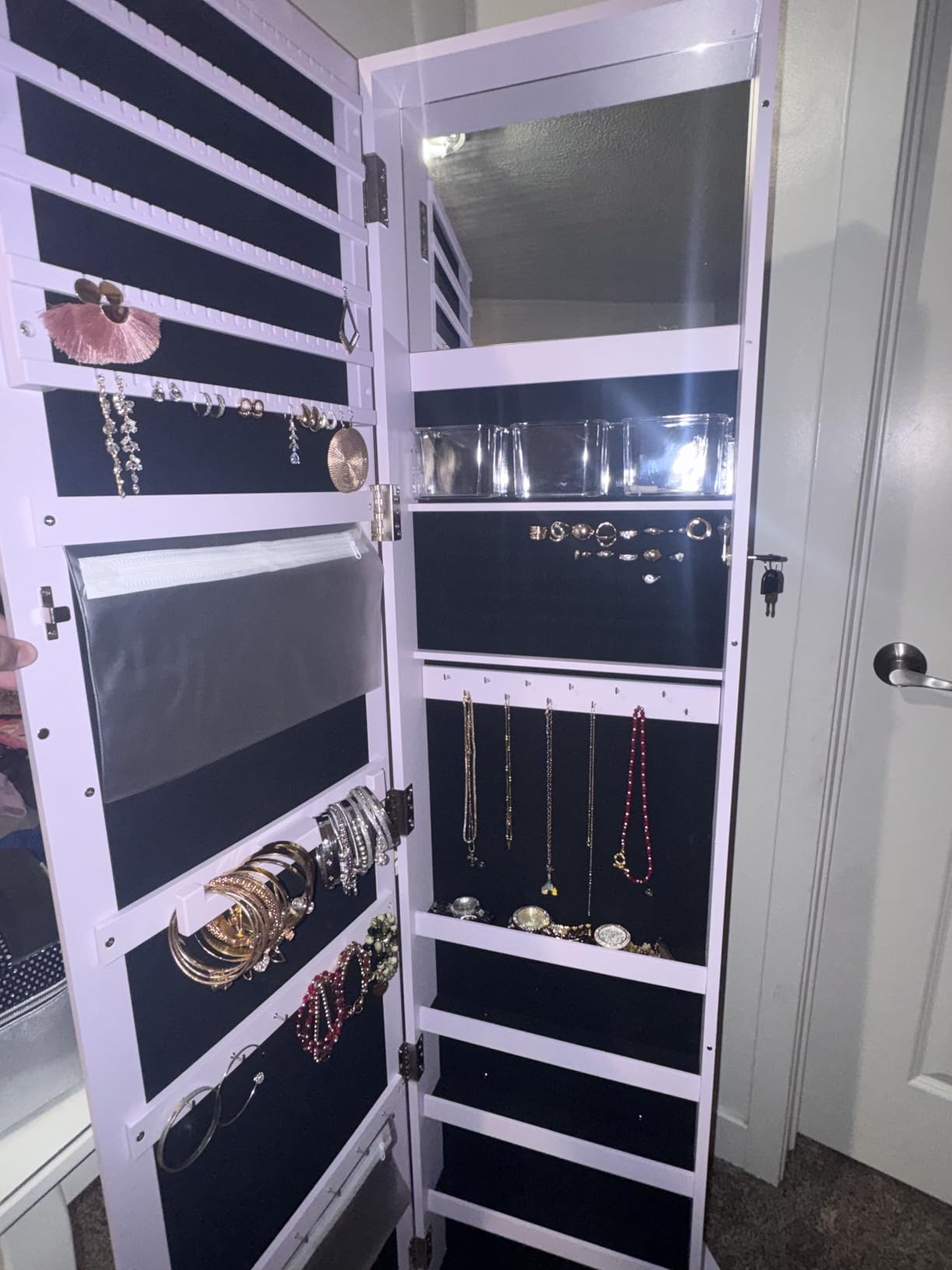 CHARMAID 360° Swivel Jewelry Armoire with Higher Full Length Mirror, Standing Lockable Jewelry Cabinet Organizer with Large Storage Capacity, Inside Makeup Mirror, Back Storage Shelves (Walnut) customer photo 1