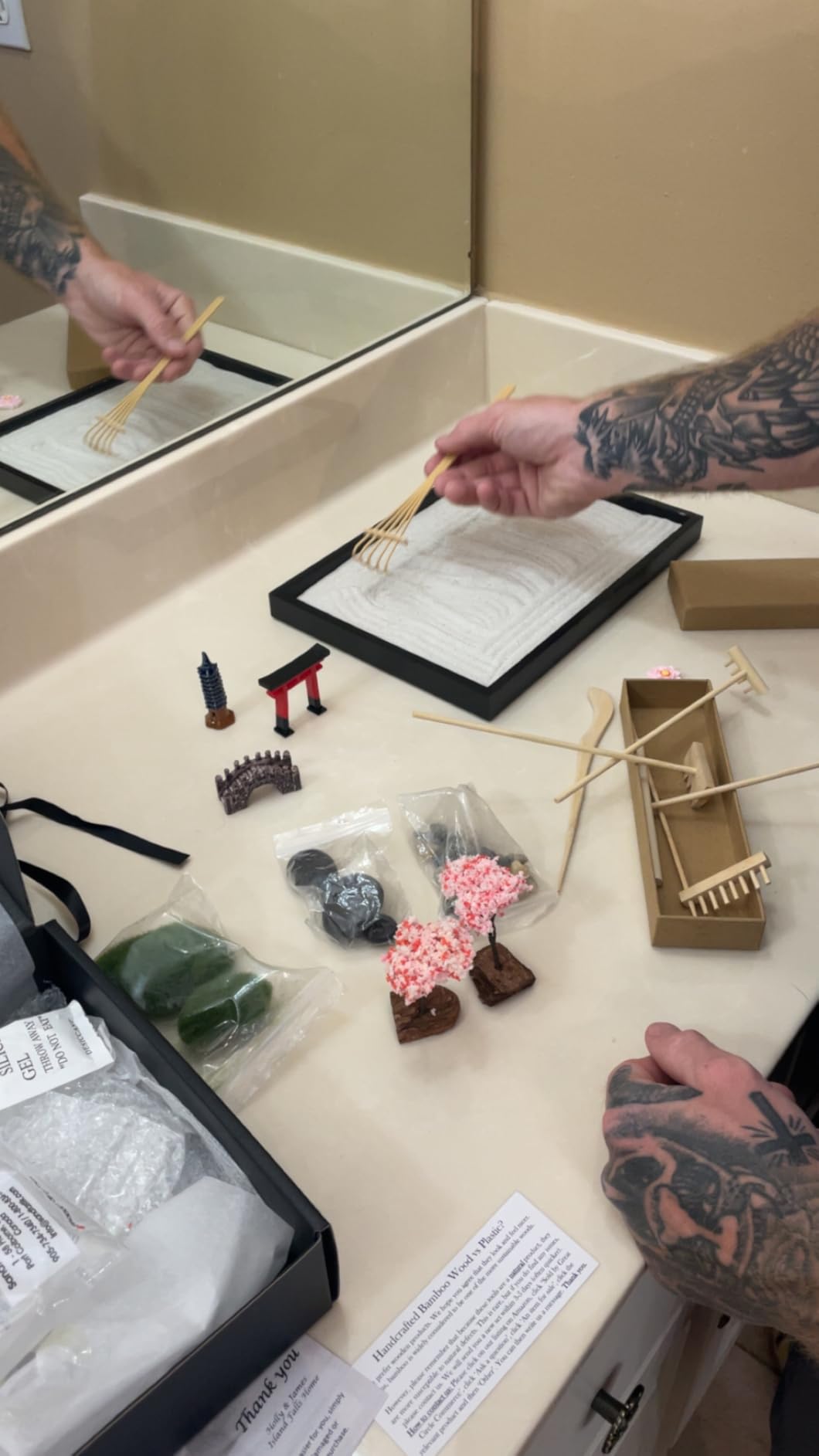 Zen Garden Kit 11x8in. Beautiful Japanese Decor Mini Rock Feature Gift Set for Home, Office Desk. Zen Sand Garden, 6 Tools, 15 Accessories customer photo 1