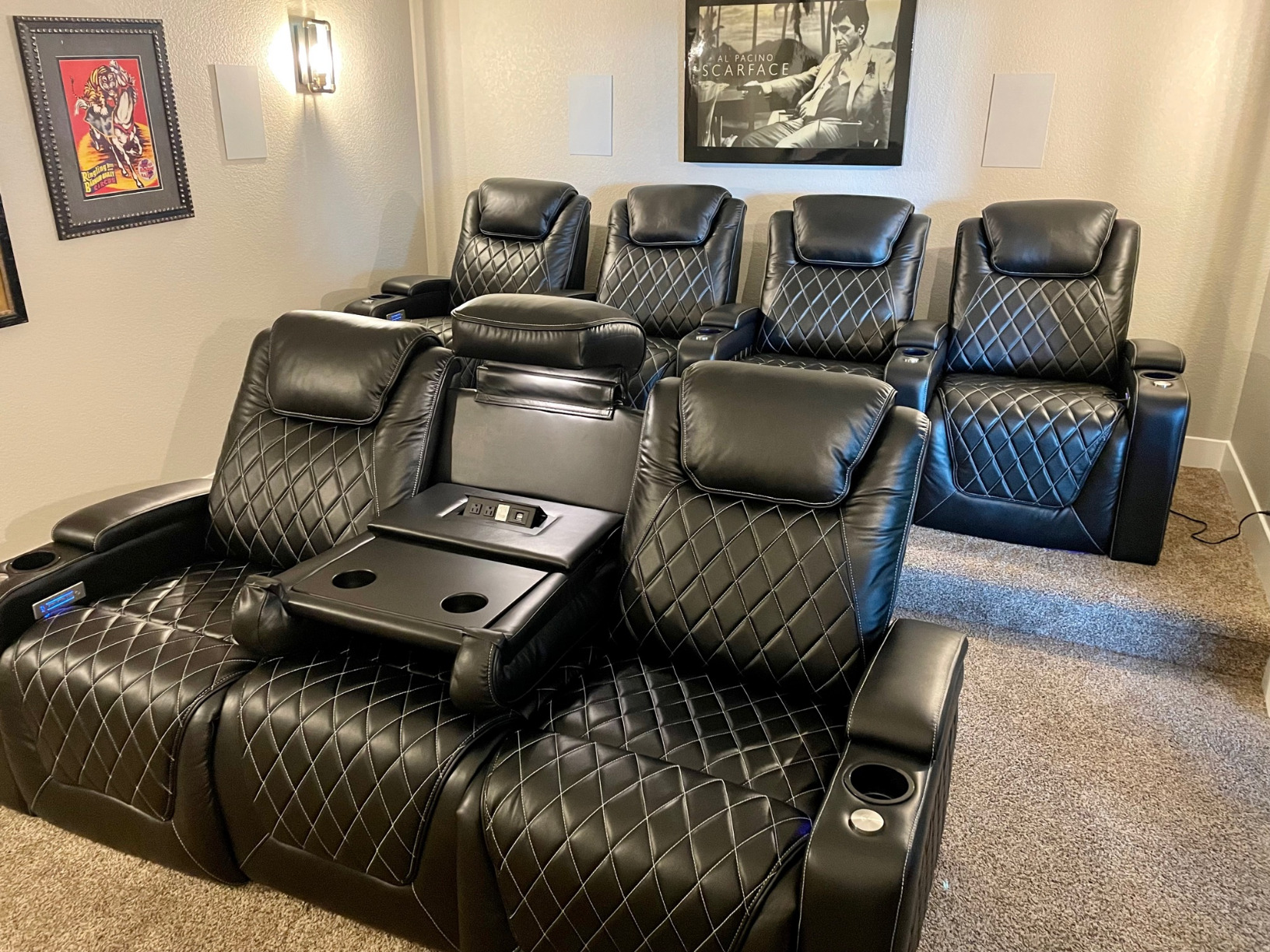 Valencia Oslo Home Theater Seating | Premium Top Grain Italian Nappa 11000 Leather, Power Headrest, Power Lumbar Support, with Center Console (Row of 3, Black) customer photo 2