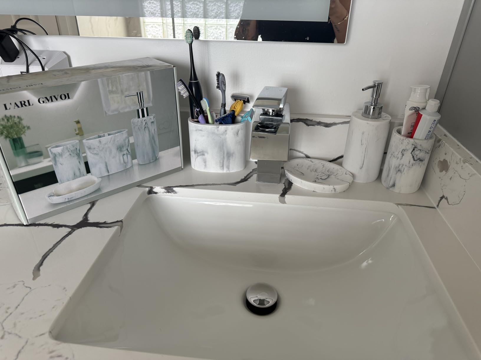 Bathroom Accessories Set, 4 Pieces Marble Bathroom Vanity Countertop Accessory Set with Bathroom Toothbrush Holder Set, Soap Dispenser, Tumbler, Soap Dish for Bathroom Home Decor customer photo 2