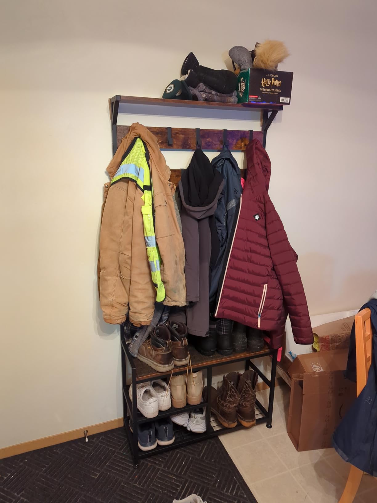 Tangkula Coat Rack Shoe Bench, 3-in-1 Industrial Hall Tree w/Storage Bench & 9 Hanging Hooks, 3-Tier Wood Look Entryway Bench w/Metal Frame, Adjustable Foot Pads for Dorm, Apartment, Hall, Brown customer photo 1