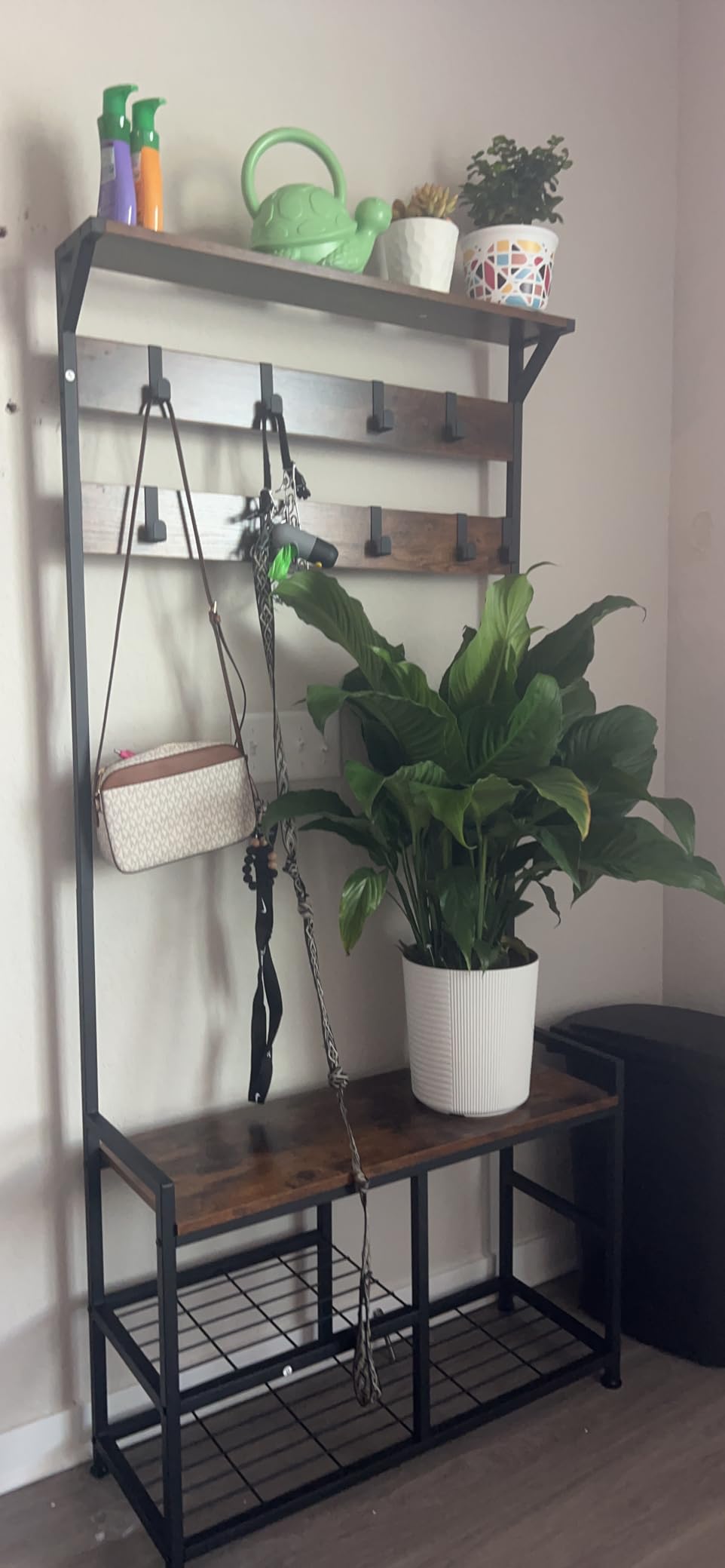 Tangkula Coat Rack Shoe Bench, 3-in-1 Industrial Hall Tree w/Storage Bench & 9 Hanging Hooks, 3-Tier Wood Look Entryway Bench w/Metal Frame, Adjustable Foot Pads for Dorm, Apartment, Hall, Brown customer photo 2