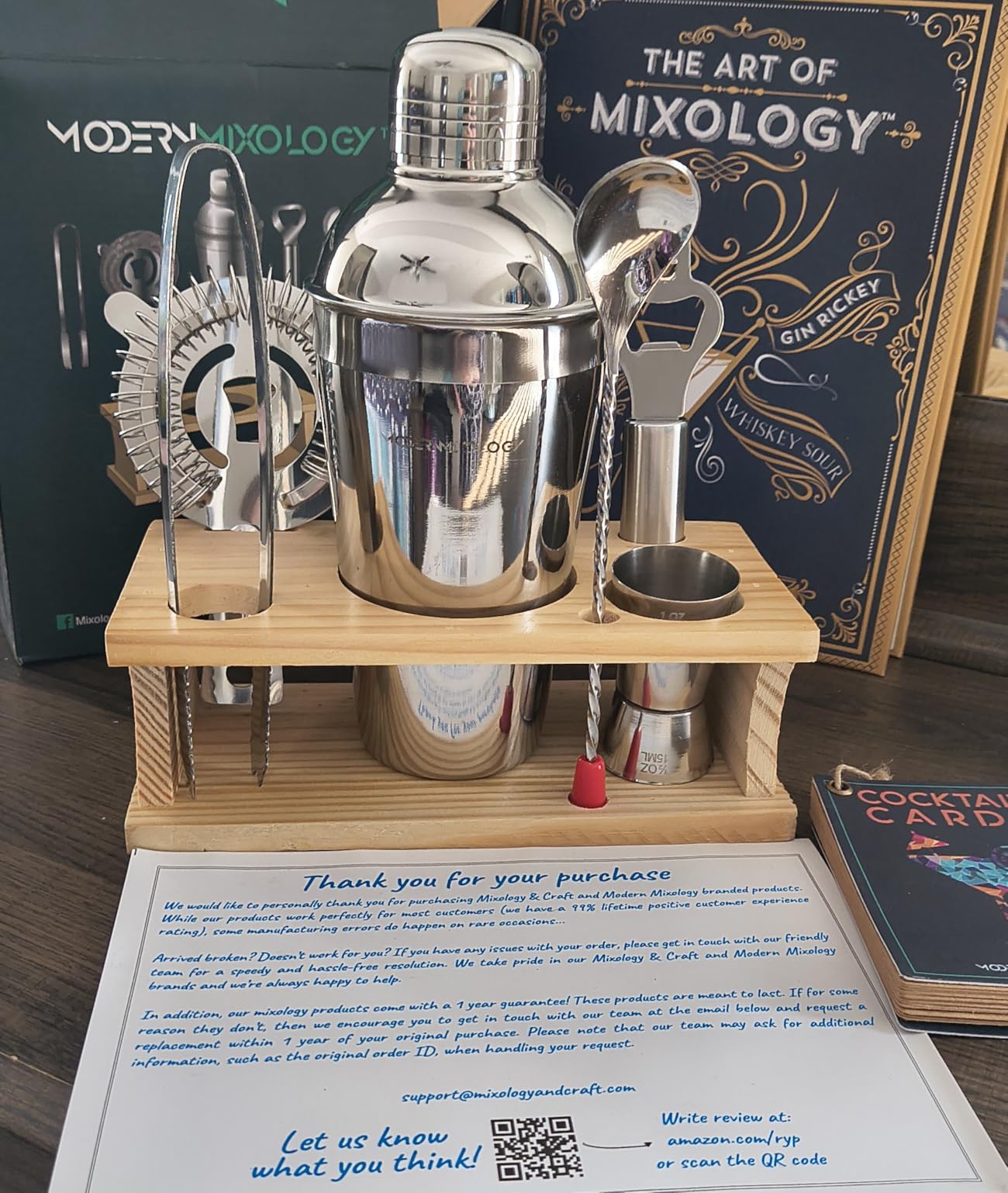 Modern Mixology 21-Piece Cocktail Shaker Set with Stand | Complete Cocktail Kit Gift Set | Top Bartender Gifts for Men & Women | Portable Bar Tools (Black, Brown Stand) customer photo 1