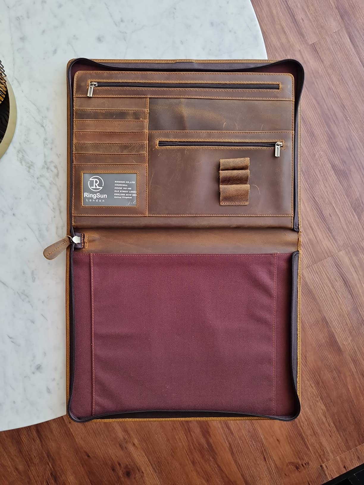 Ringsun Leather Portfolio Organizer with Zipper for Men Women, Leather Padfolio Business Resume Legal Pad Portfolio Notebook Binder for A4/Pad, Brown customer photo 2