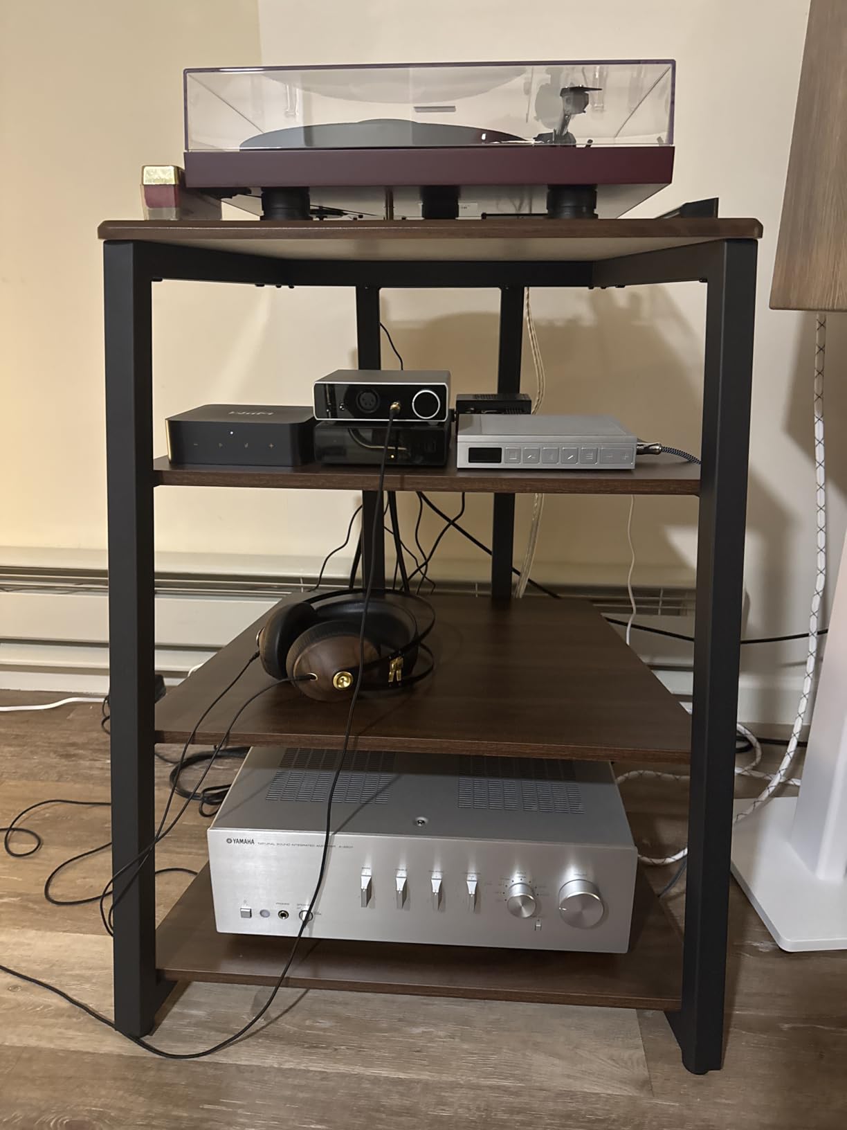 FITUEYES Design 4-Tier AV Media Stand Corner Shelf for Record Player Wooden Stereo Cabinet Audio Rack Tower with Height Adjustable Wooden Shelves for ps4 (Walnut) customer photo 1