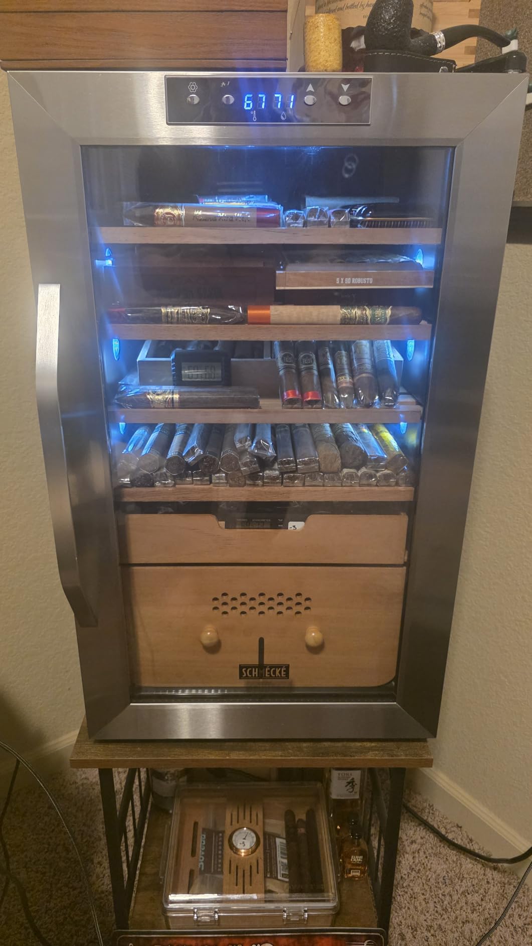 SCHMÉCKÉ 300 Cigar Cooler Humidor with 3 in 1 Precise Cooling, Heating & Humidity Control, Stainless Steel Trim Finish Cabinet, Spanish Cedar Wood Shelves and Drawer with Built in Digital Hygrometer customer photo 1