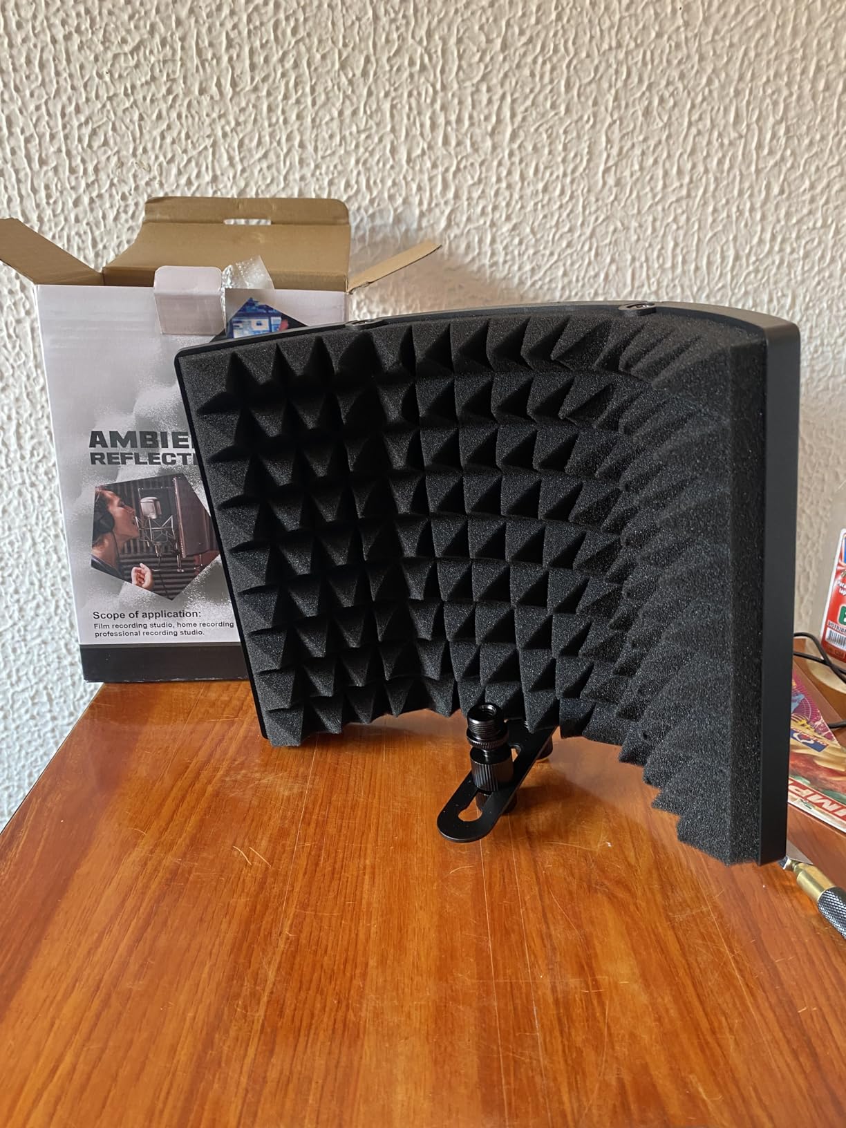 Microphone Isolation Shield with Mic Stand and Pop Filter, Foldable Sound Shield for Most Condenser Microphone Recording Equipment Studio, High Density Absorbent Foam to Filter Vocal by Frgyee customer photo 1