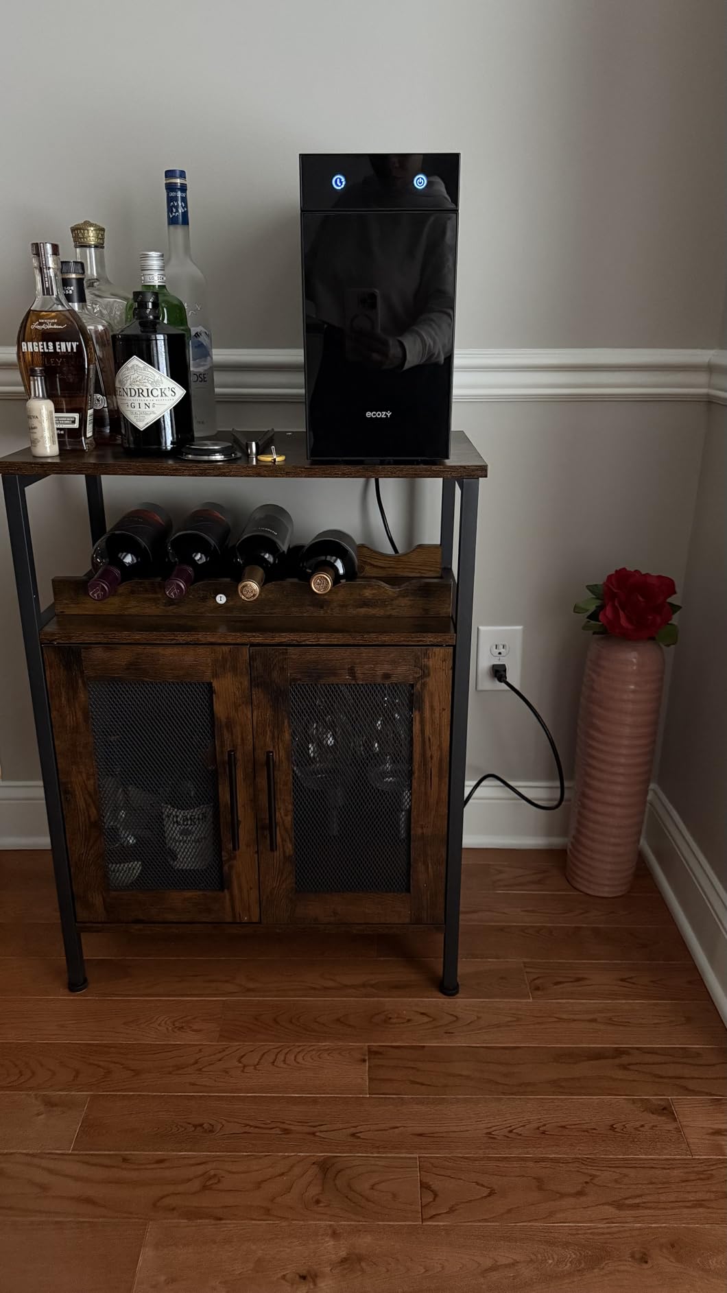 X-cosrack Wine Bar Rack Cabinet with Detachable Wine Rack, Coffee Bar with Glass Holder, Small Sideboard and Buffet Cabinet with Mesh Door, Rustic Brown customer photo 1