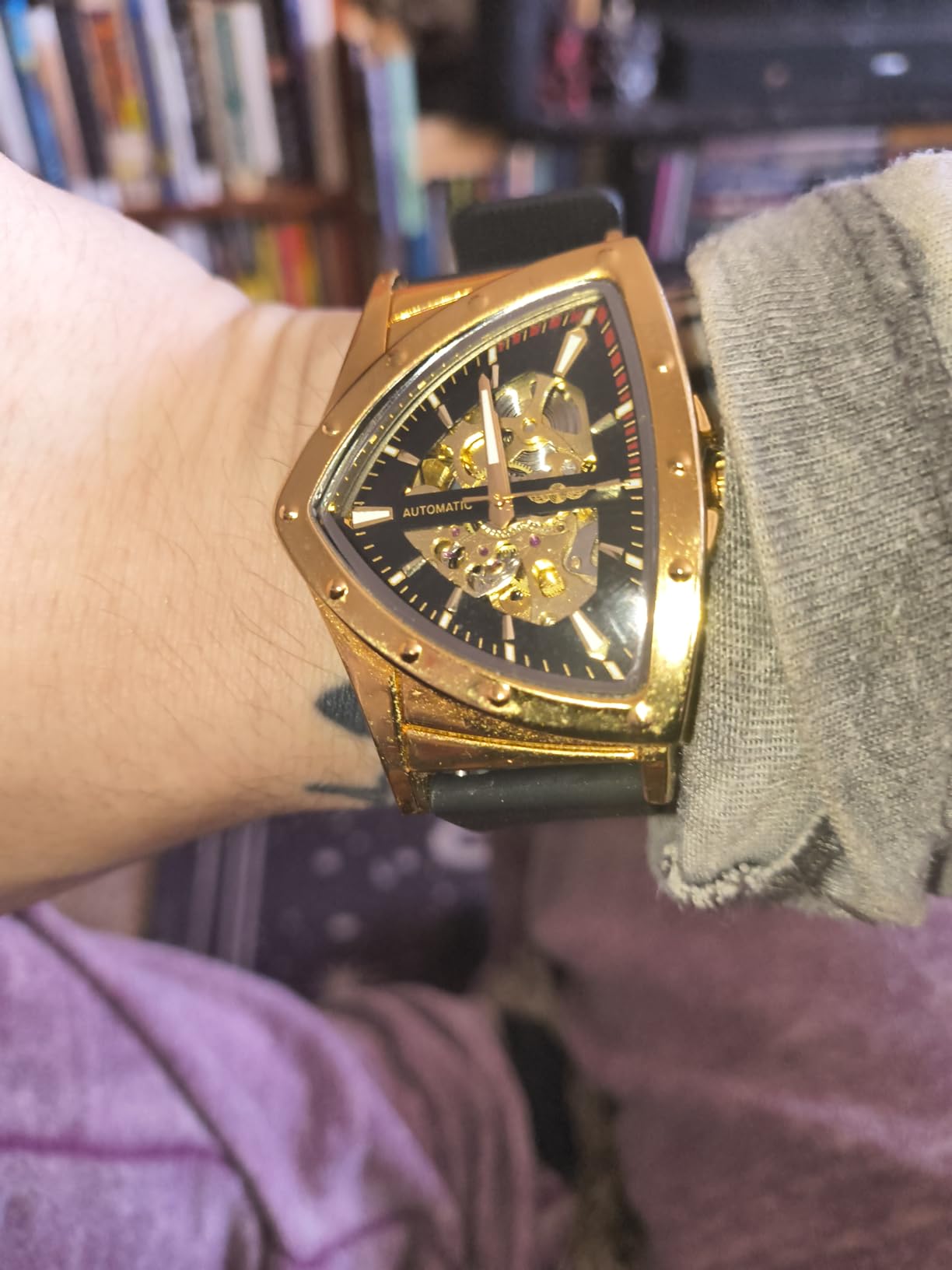 Skeleton Watches for Men, Automatic Mechanical Watch with Triangle Dial, Luminous Self Winding Watches Stainless Steel Bracelet or Soft Silicone Strap customer photo 1