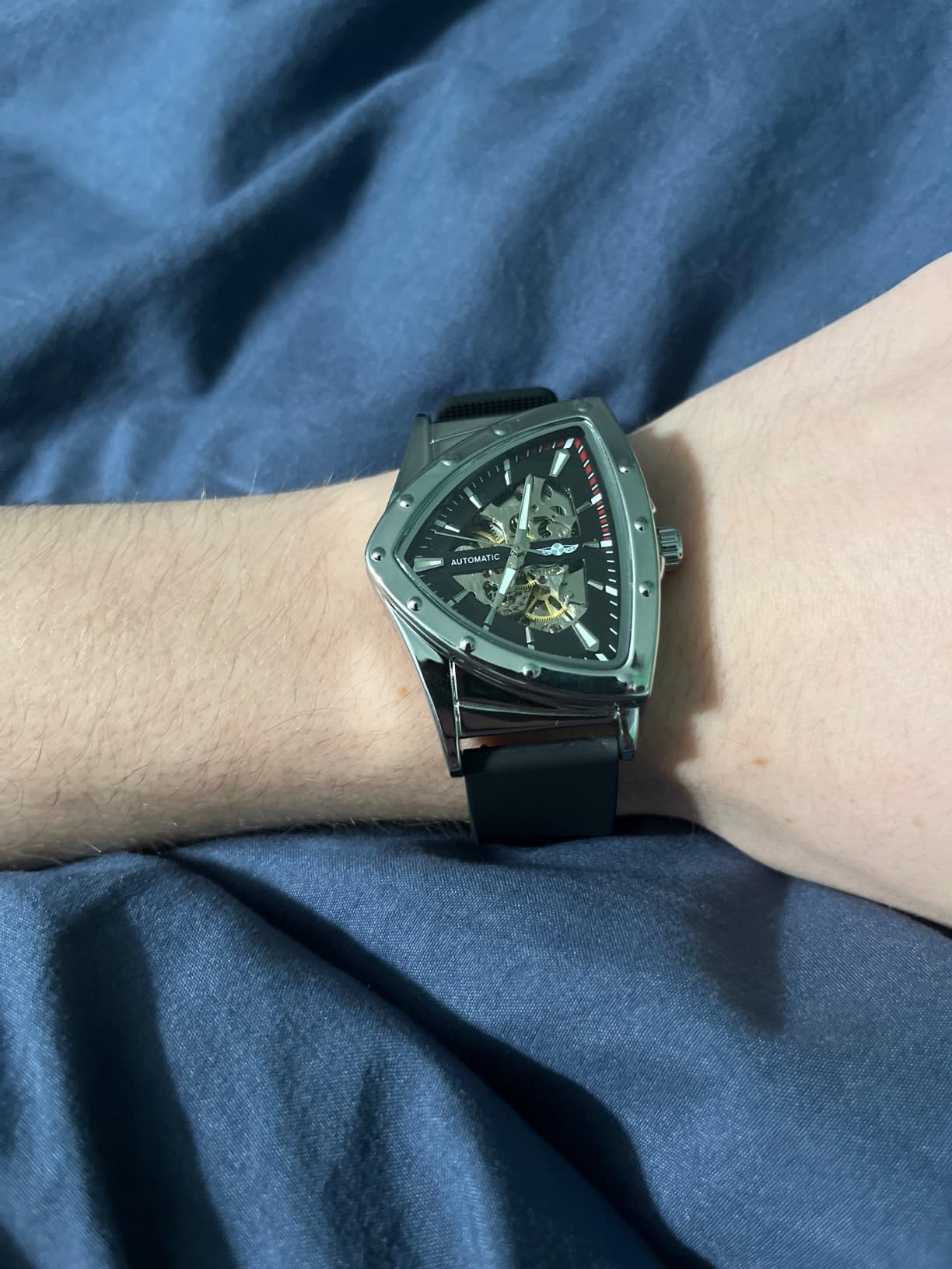 Skeleton Watches for Men, Automatic Mechanical Watch with Triangle Dial, Luminous Self Winding Watches Stainless Steel Bracelet or Soft Silicone Strap customer photo 2