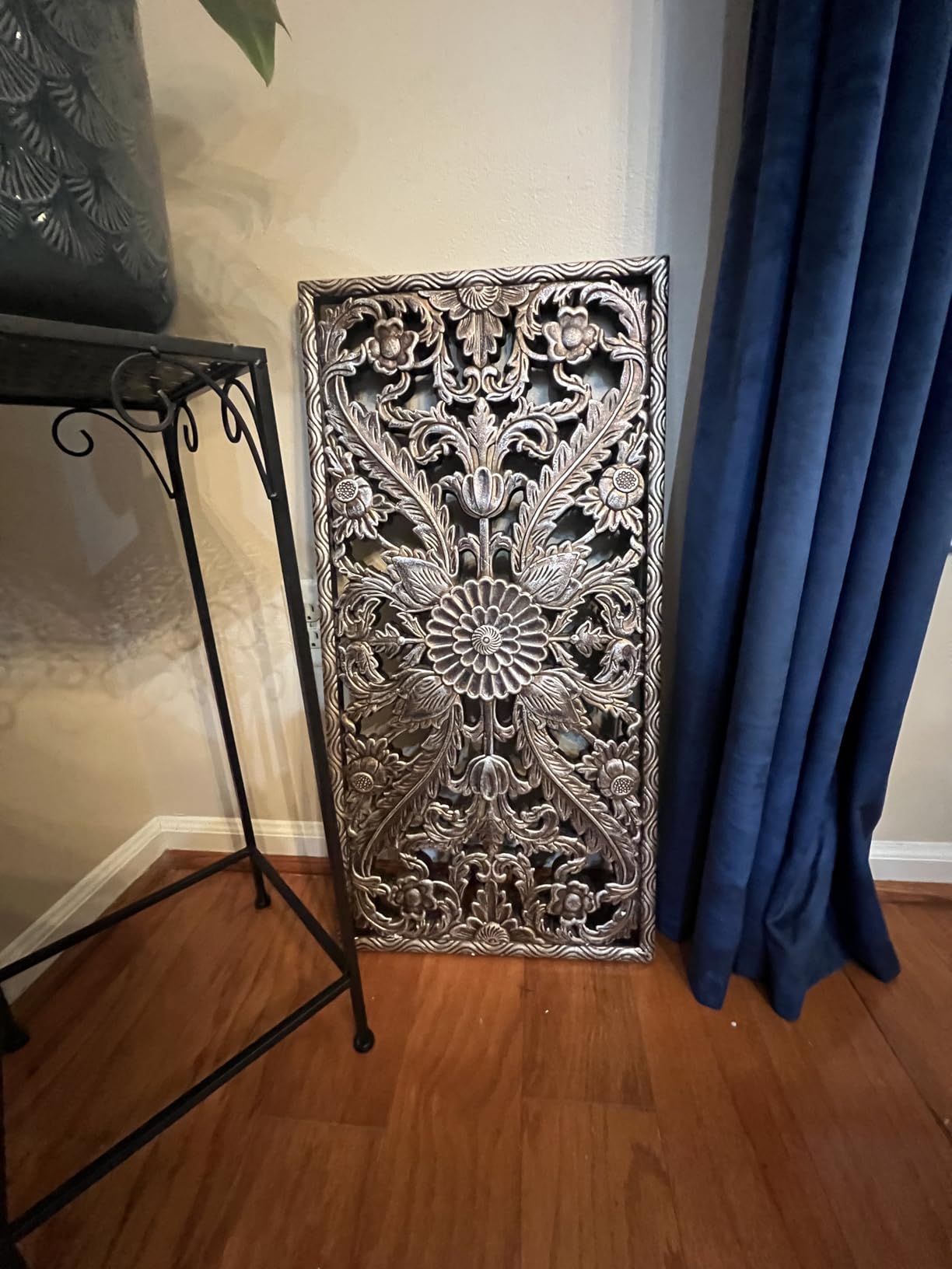 Madison Park Wall Art Living Room Décor - Floral Antiqued Wooden Carving Wall Decor Panel, Copper Embellished, Ready to Hang Wall Decor for Bedroom, 15.75