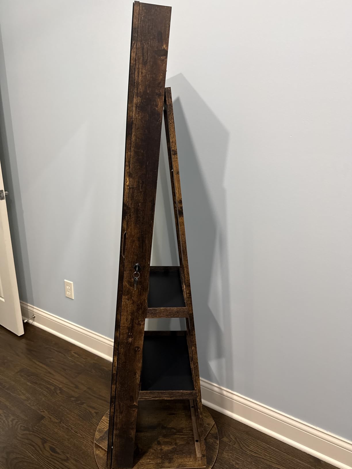 SONGMICS 6 LEDs Lockable Mirror Jewelry Cabinet, 360° Swivel Jewelry Organizer Armoire Standing, Frameless Full-Length Mirror, 3 Storage Shelves, White Surface, Black Lining UJJC007W01 customer photo 1