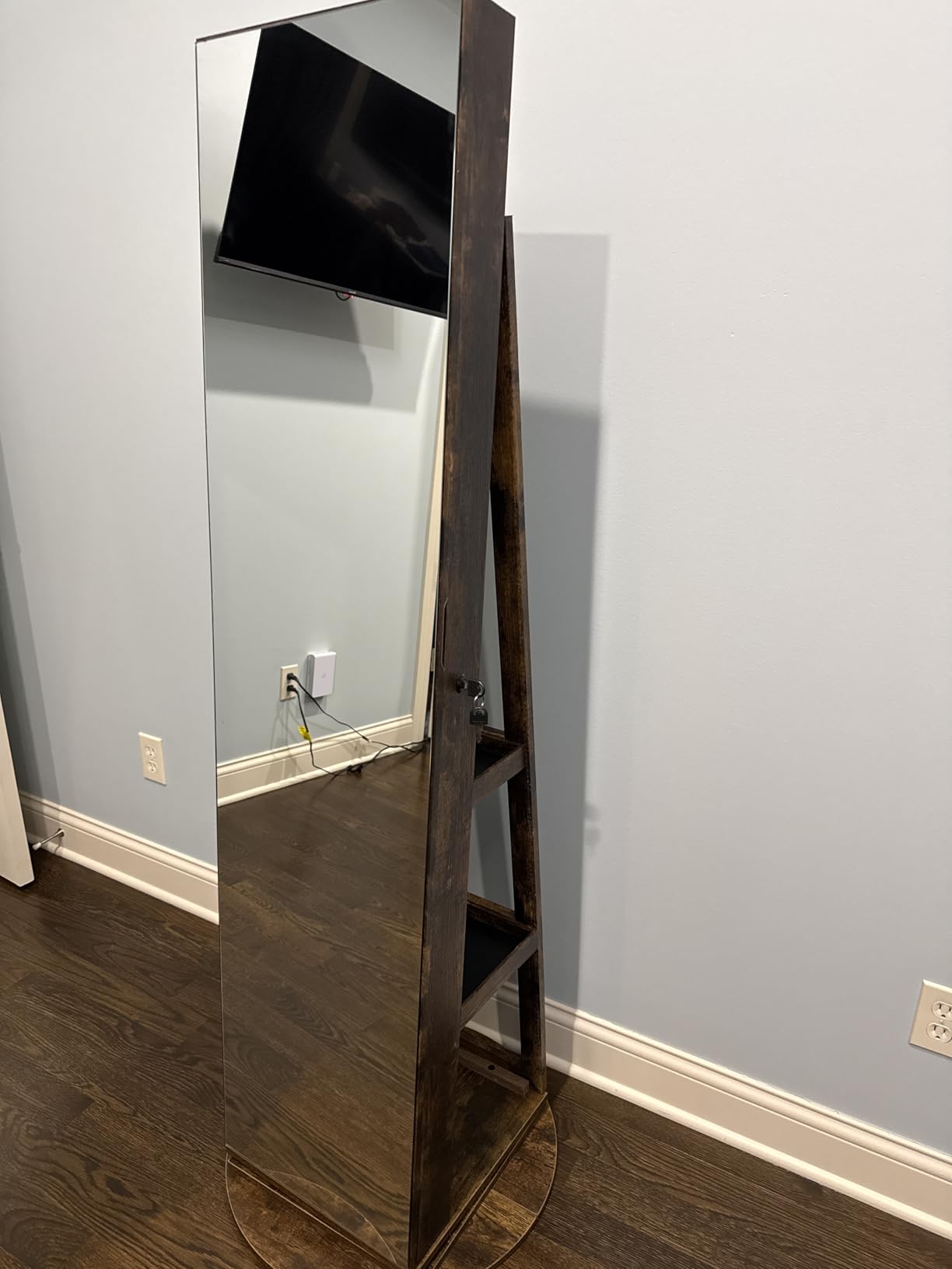 SONGMICS 6 LEDs Lockable Mirror Jewelry Cabinet, 360° Swivel Jewelry Organizer Armoire Standing, Frameless Full-Length Mirror, 3 Storage Shelves, White Surface, Black Lining UJJC007W01 customer photo 2