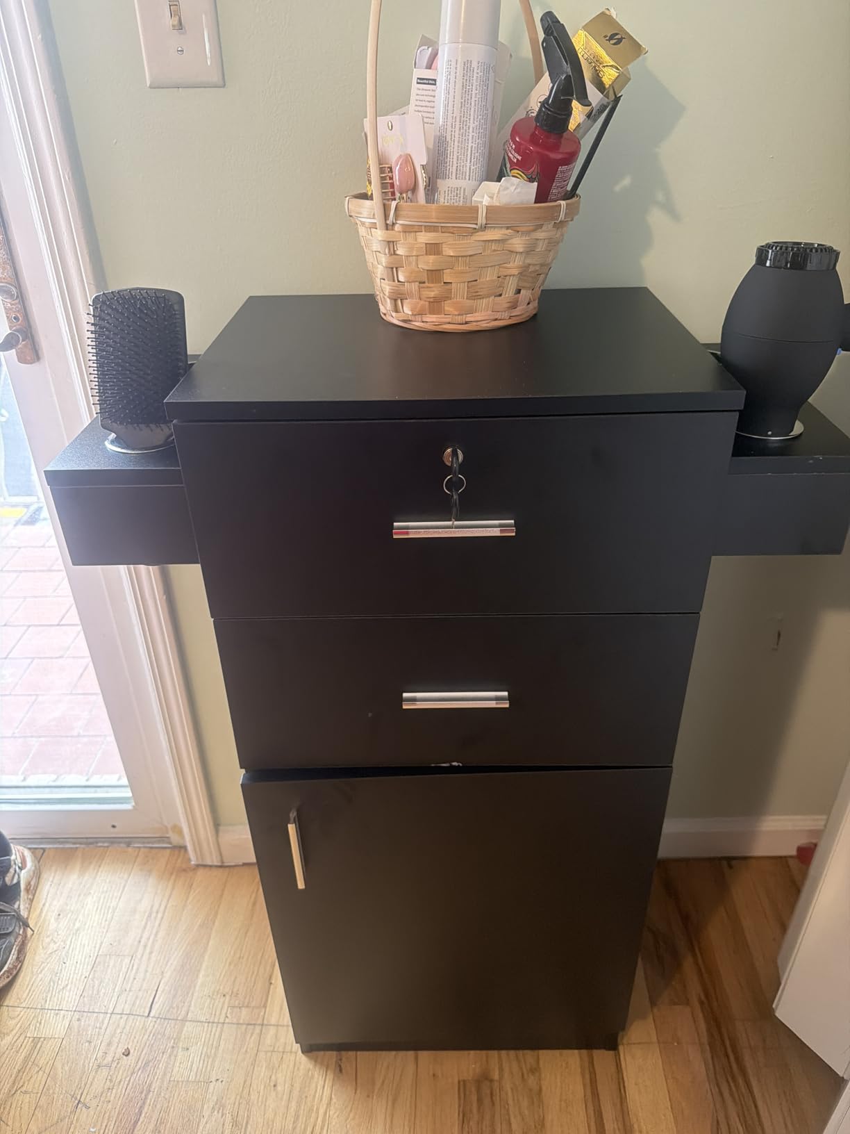 OmySalon Salon Stations for Hair Stylist, Beauty Salon Storage Cabinet, Hair Styling Equipement Set with a Large Storage Cabinet, 2 Drawers and 6 Hair Dryer Holders, Black customer photo 2