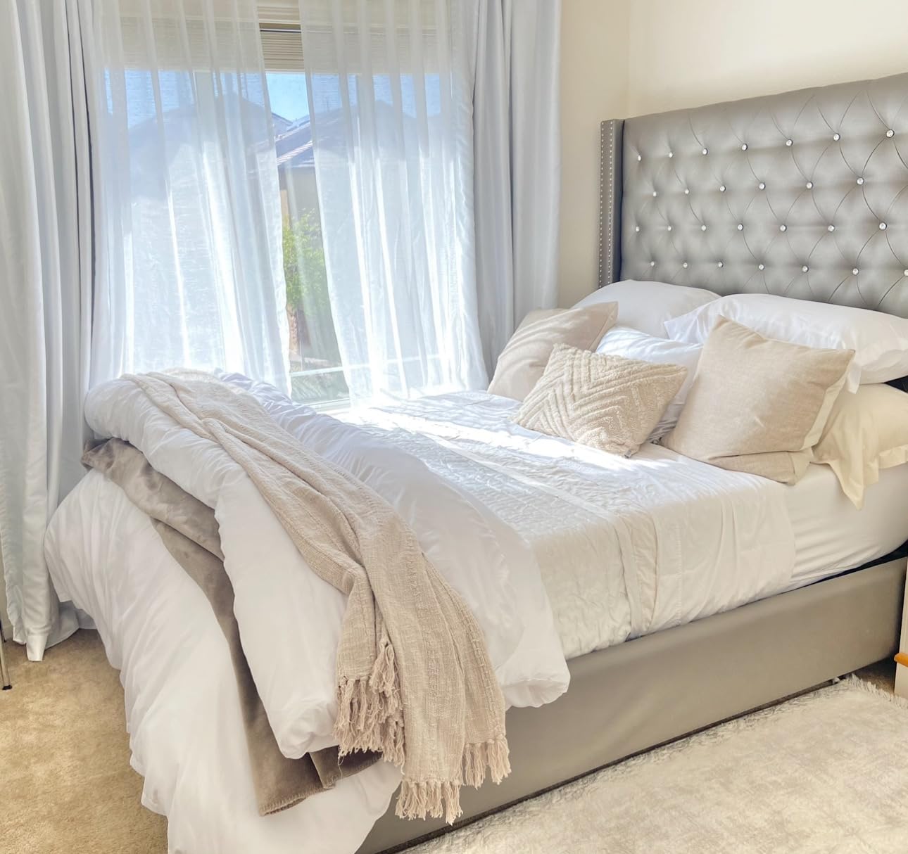 RYB HOME 108 inch Curtains - Flax Linen Blend Semi Sheer Light Glare Filtering Extra Long Drapes for Living Room Dining Doorway Farmhouse Office Sunroom, Linen, Wide 52