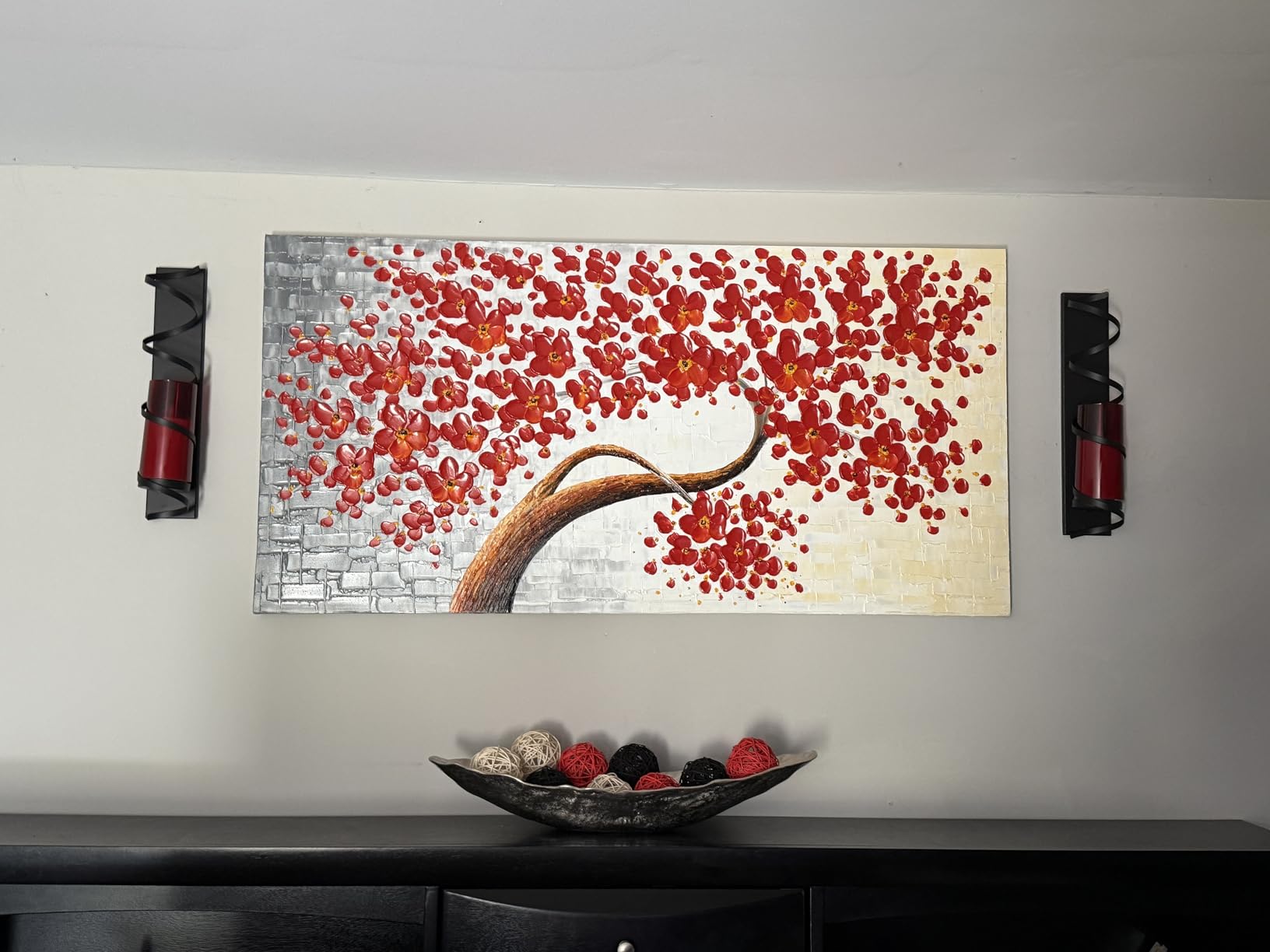 YaSheng Art -Large 3D Textured Framed Abstract Floral Oil Painting, Wall Art for Living Room, hand painted Canvas Wall Art, Bedroom Wall Art Decor, 3D Red Floral Artwork, Modern Home Wall Decor 60x24inch customer photo 2