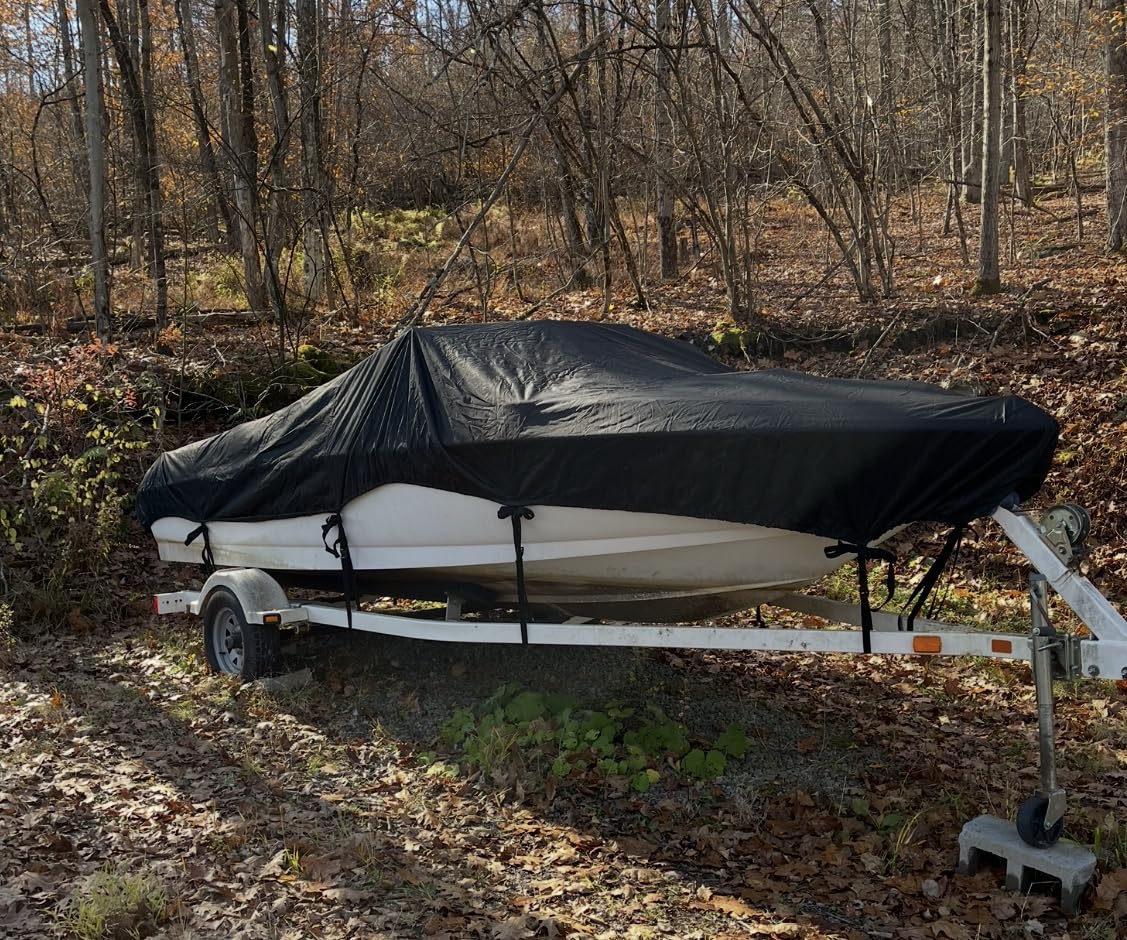 Heavy Duty 1200D PU Waterproof Boat Cover, 20'- 22' Trailerable Marine Grade Polyester Canvas, Fits 20-22ft V-Hull, Runabout, Fishing Boat, Tri-Hull, Pro-Style Bass Boat with Tightening Strap customer photo 2