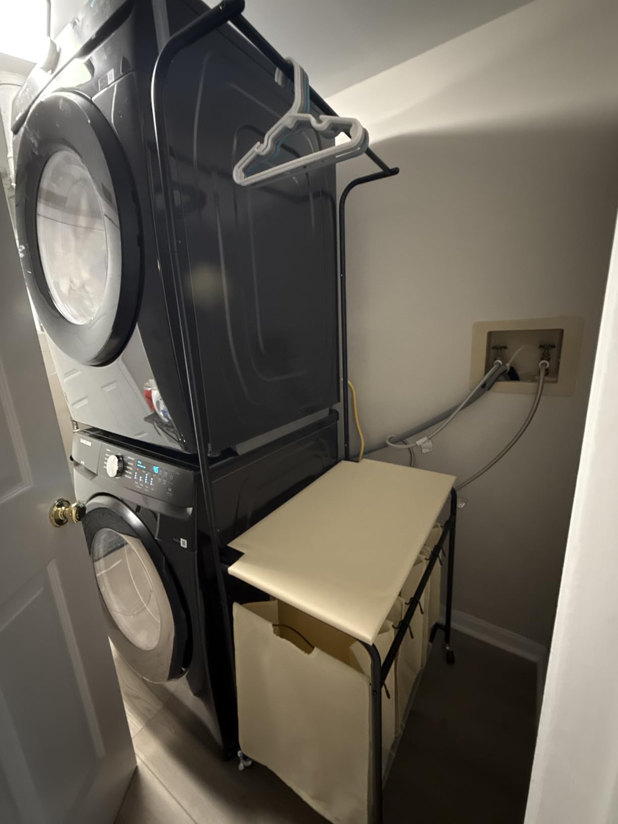 MYOYAY 3 Section Laundry Sorter with Garment Hanging Bar Rack Foldable Ironing Board, Laundry Basket Organizer Heavy Duty Laundry Hamper Rolling Cart customer photo 1