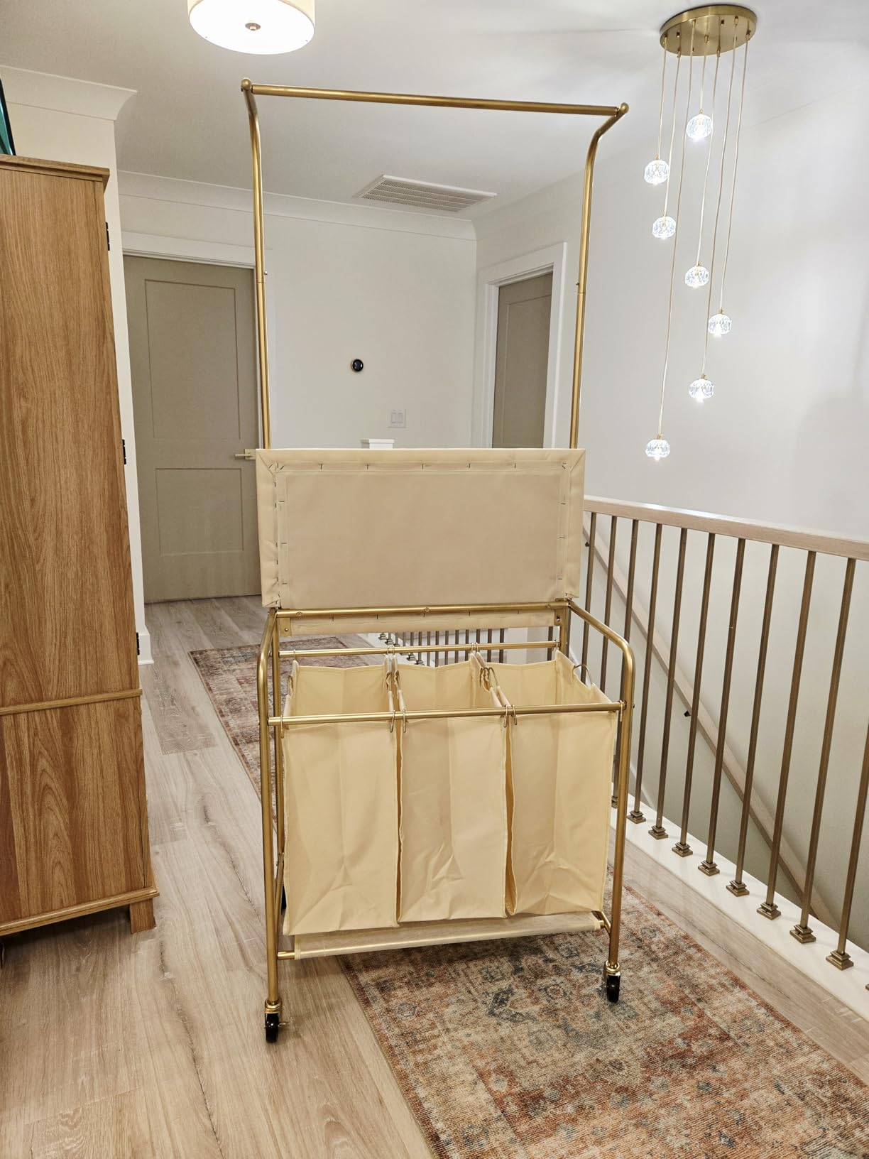 MYOYAY 3 Section Laundry Sorter with Garment Hanging Bar Rack Foldable Ironing Board, Laundry Basket Organizer Heavy Duty Laundry Hamper Rolling Cart customer photo 2