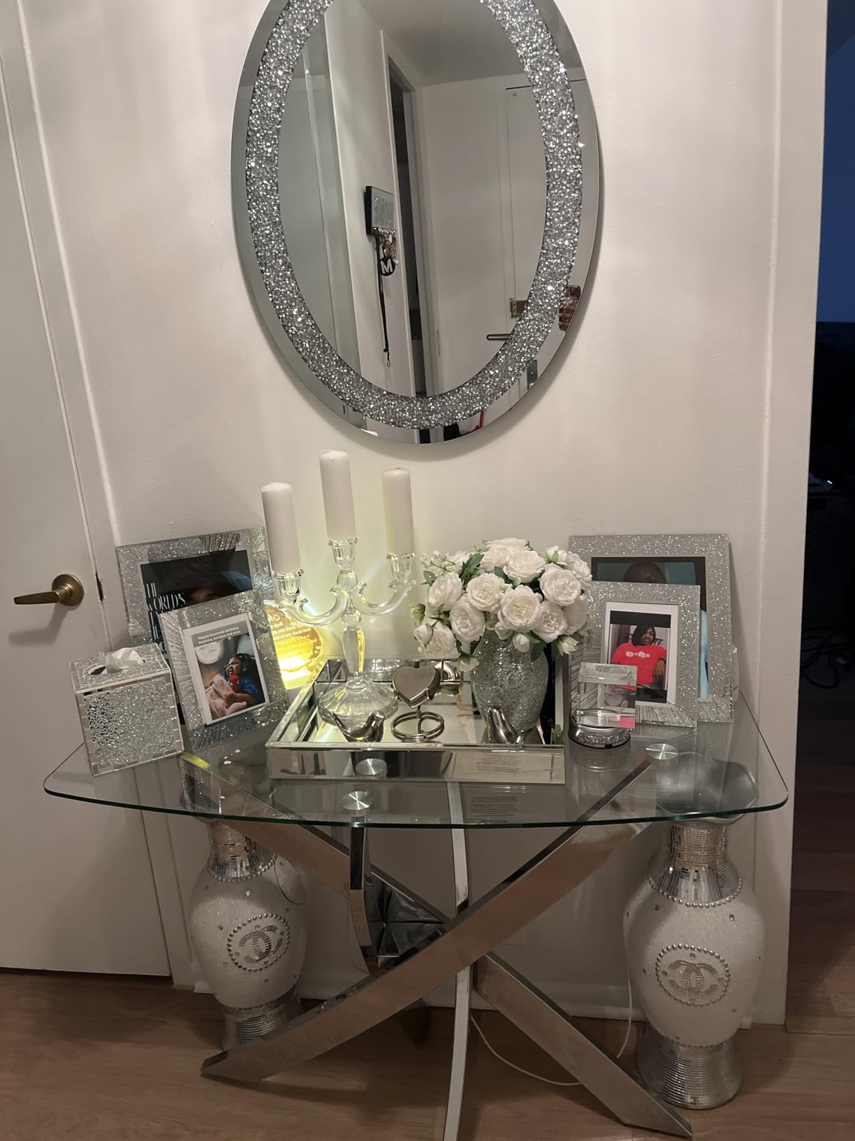 DMDFIRST Crystal Crushed Diamond Oval Shaped Silver Mirror Glam Bling for Wall Decoration 24x32x0.9inch Frameless Wall Hang Sparkly Glass Mirror customer photo 1