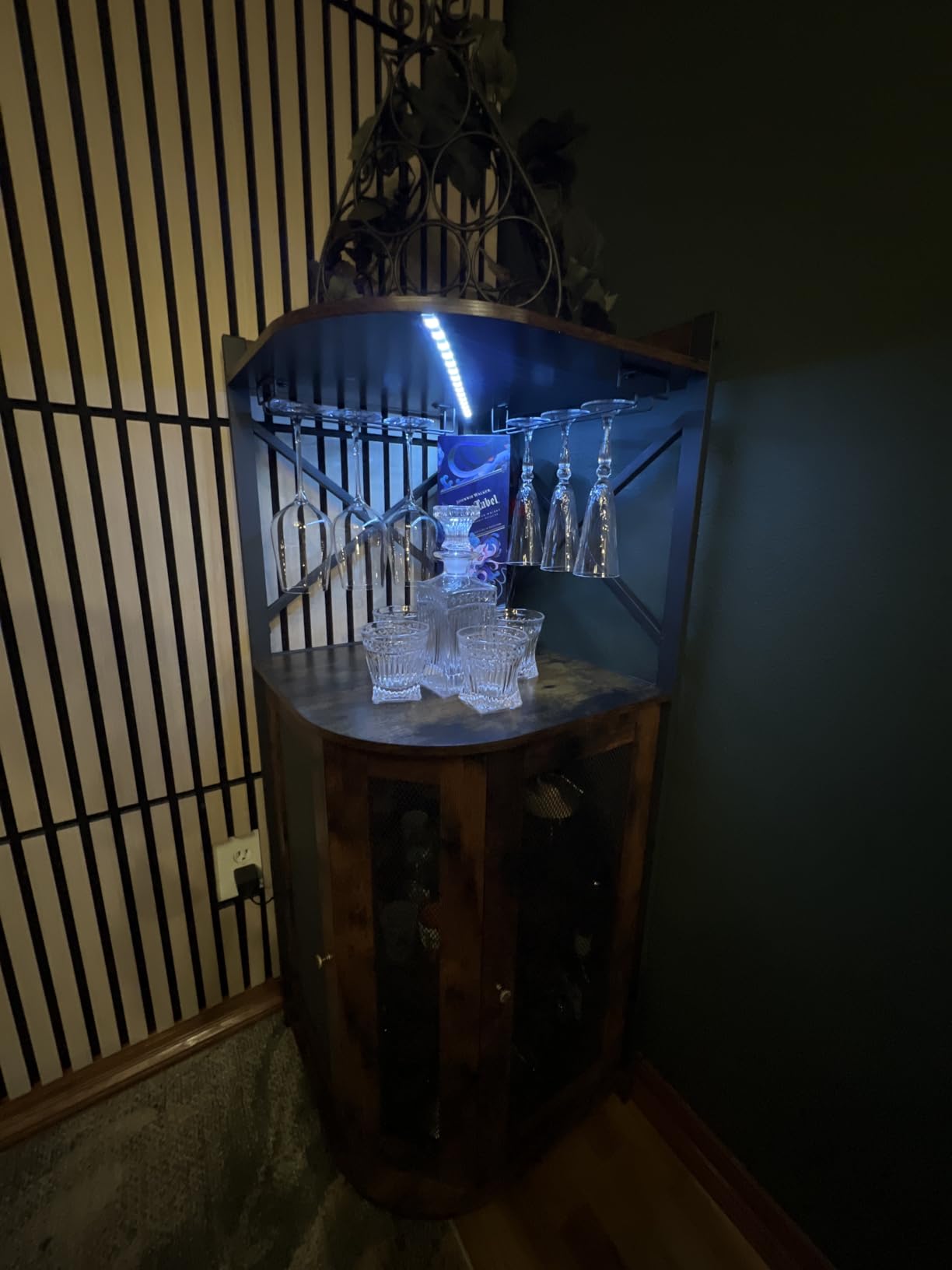 JKsmart Corner Bar Cabinet with LED Lights, Industrial Wine Cabinet with Glass Holder, 4-Tier Wine Cabinet with Door and Shelf, Farmhouse Home Bar for Liquor Wine Coffee Storage, Rustic Brown customer photo 1