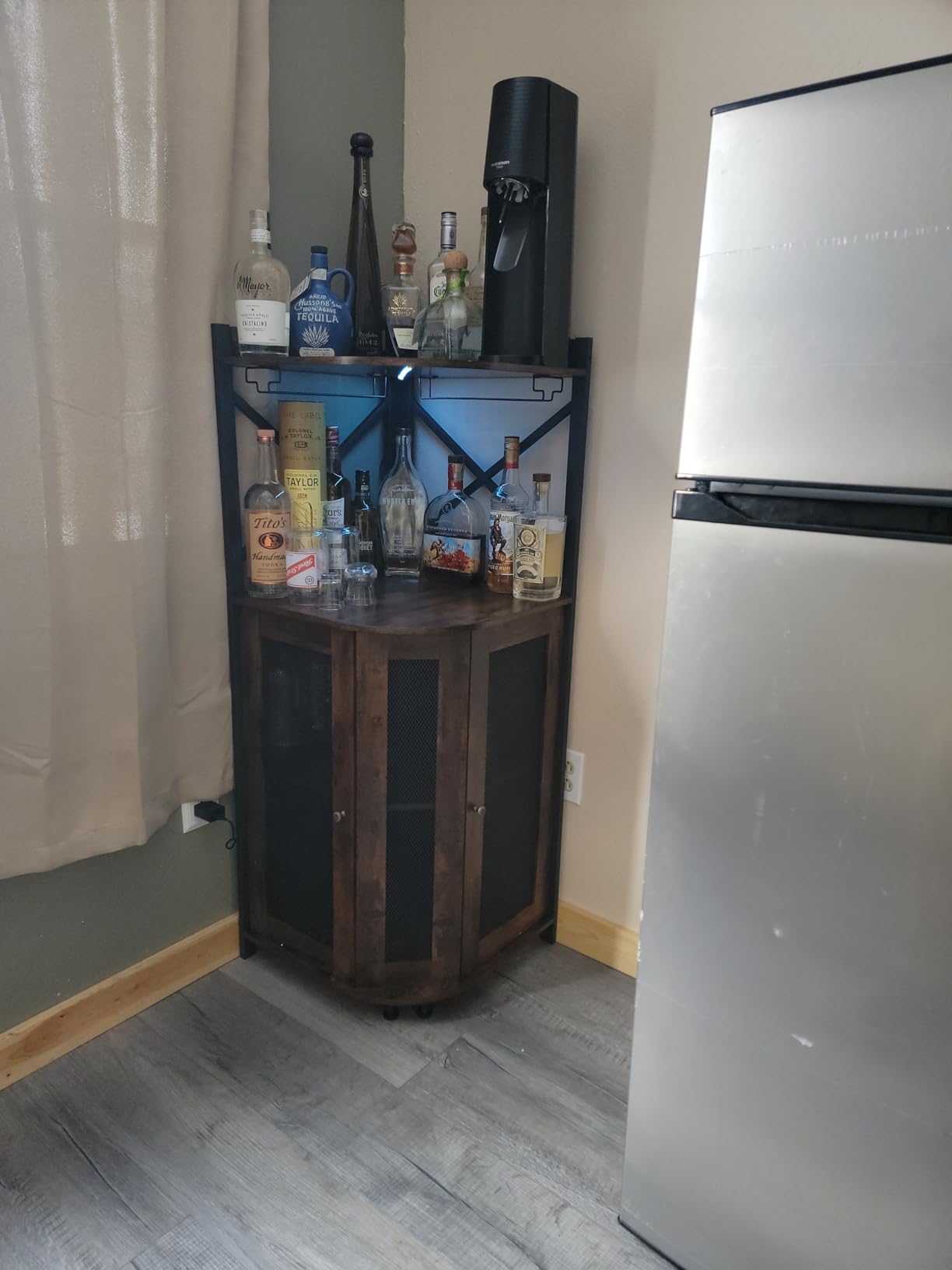 JKsmart Corner Bar Cabinet with LED Lights, Industrial Wine Cabinet with Glass Holder, 4-Tier Wine Cabinet with Door and Shelf, Farmhouse Home Bar for Liquor Wine Coffee Storage, Rustic Brown customer photo 2