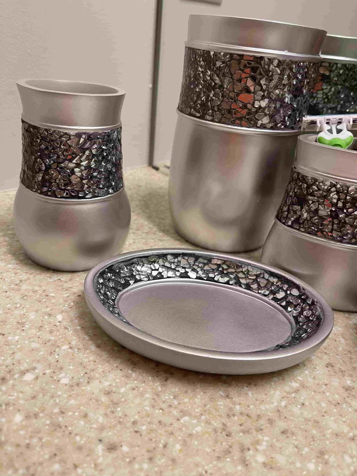 Creative Scents Crackled Glass Silver Bathroom Accessories Set - 6 Piece Bathroom Set Includes: Toilet Brush and Holder Set, Tissue Box Cover, Toothbrush Holder, Soap Dispenser, Soap Dish & Tumbler customer photo 2