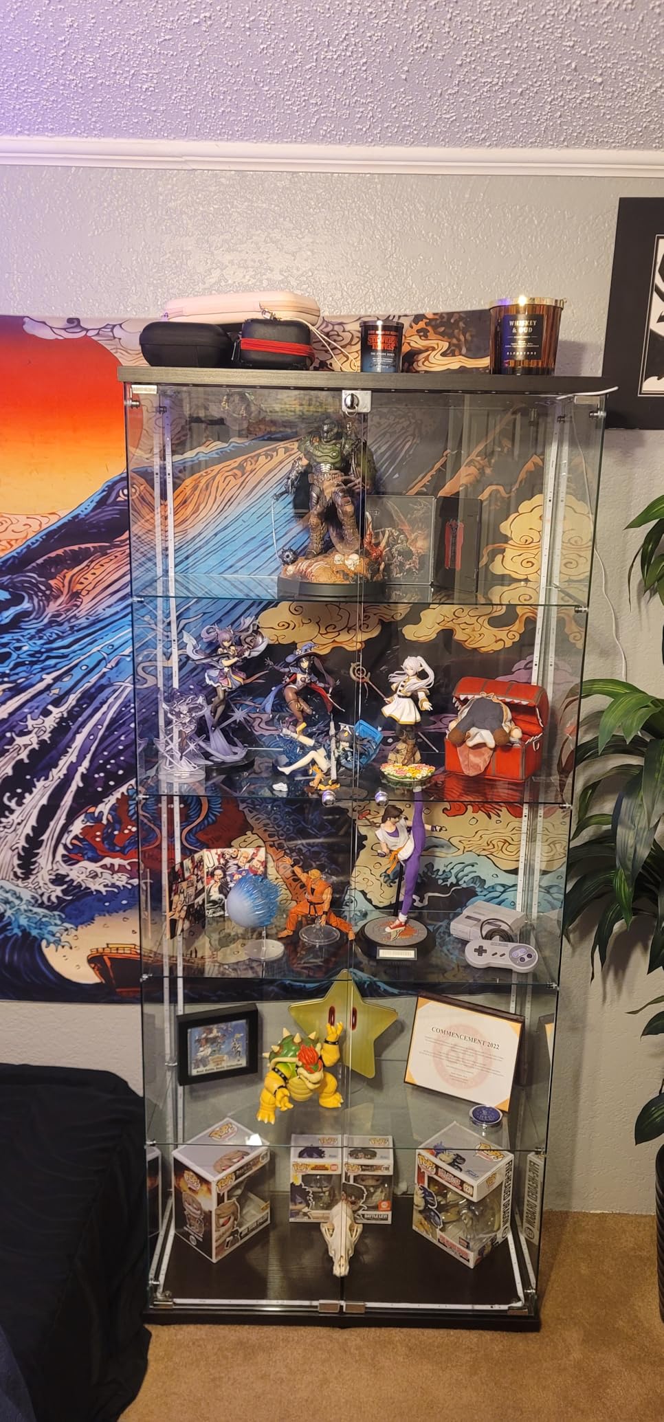 LFT HUIMEI2Y Glass Display Cabinet 4-Shelf with Door and Lock, Curio Cabinets Upgraded Quick-Install Style Tempered Glass Floor Standing Bookshelf for Bedroom, Living Room 65