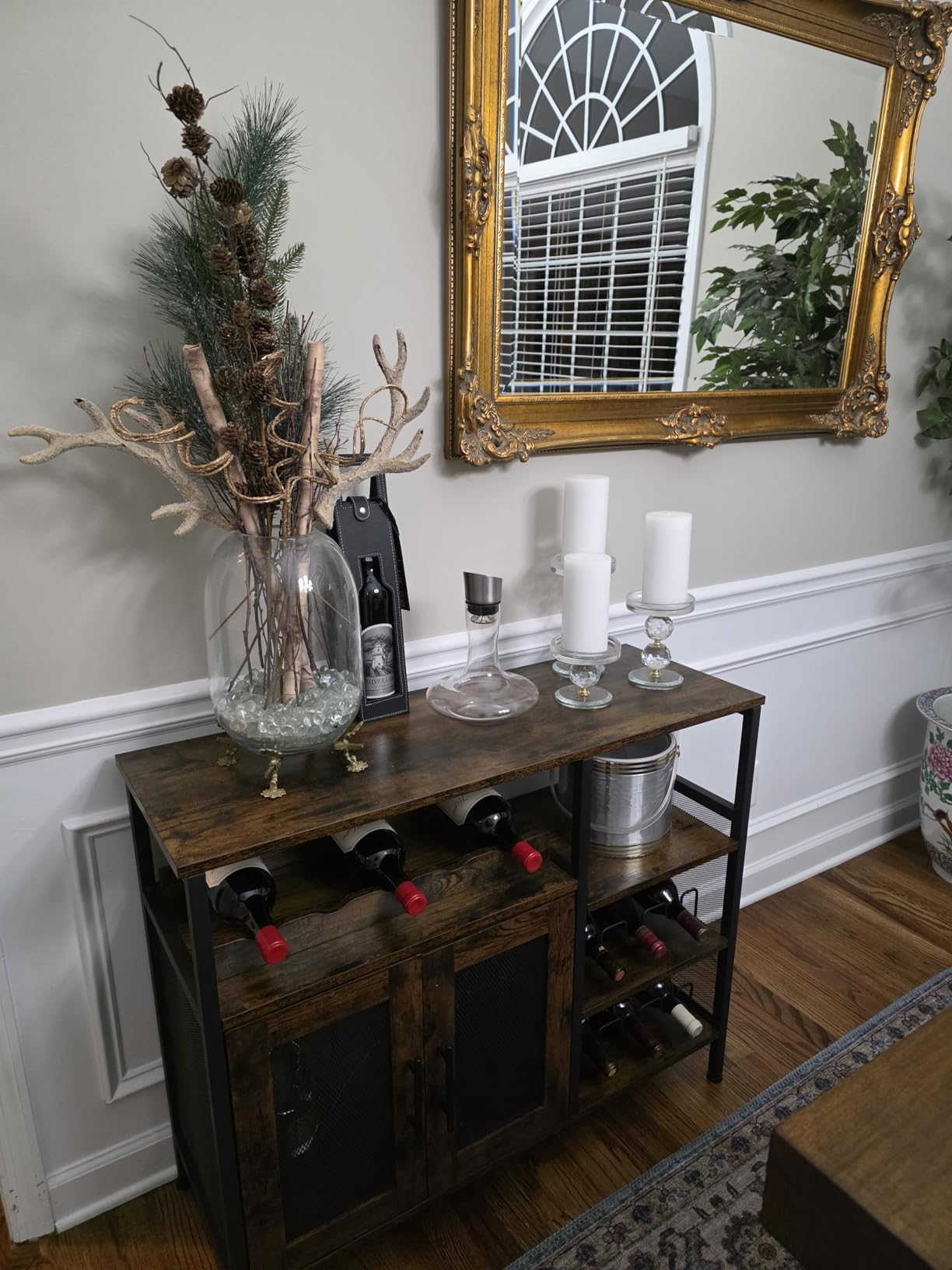 X-cosrack Wine Bar Rack Cabinet with Detachable Wine Rack, Coffee Bar Cabinet with Glass Holder, Small Sideboard and Buffet Cabinet with Mesh Door, Rustic Brown, Large customer photo 1