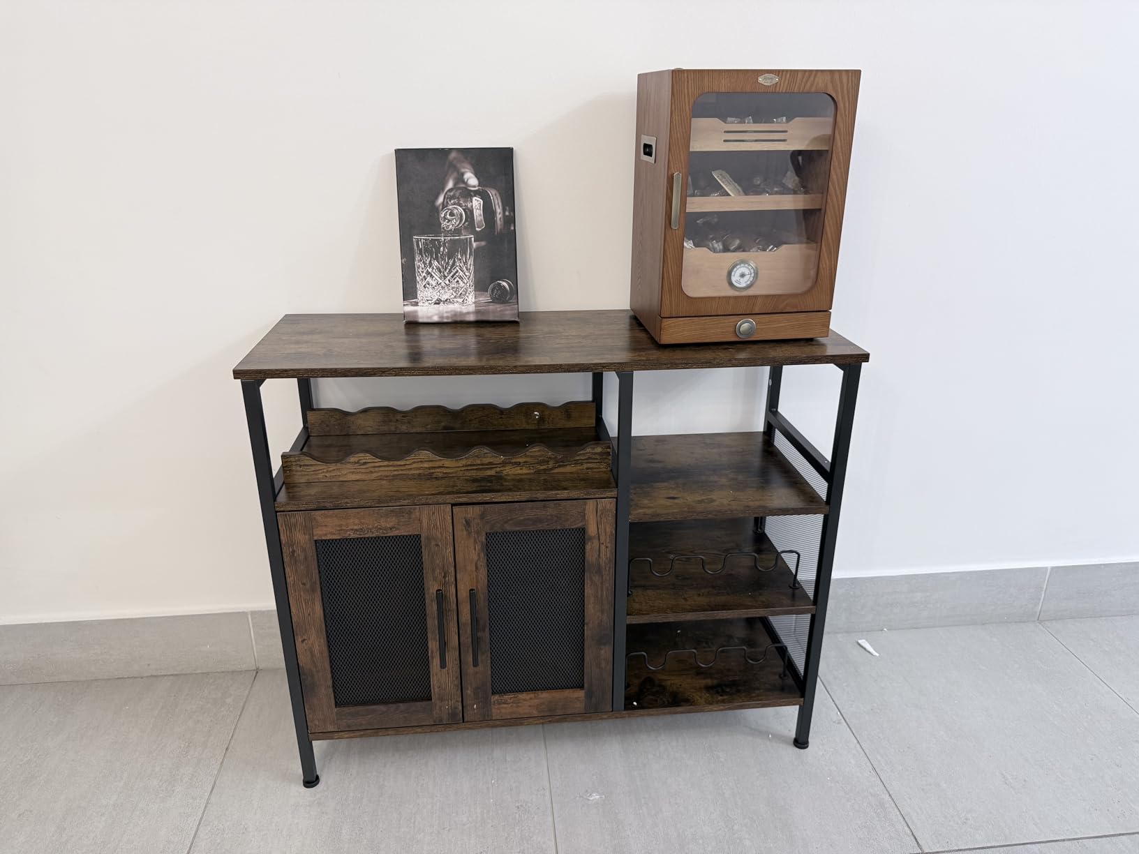 X-cosrack Wine Bar Rack Cabinet with Detachable Wine Rack, Coffee Bar Cabinet with Glass Holder, Small Sideboard and Buffet Cabinet with Mesh Door, Rustic Brown, Large customer photo 2