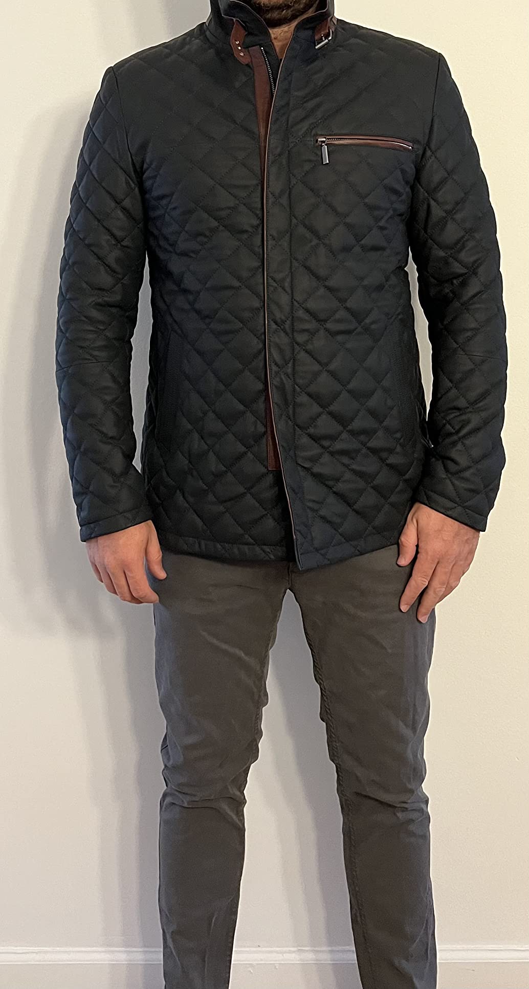 Bigardini Men's Quilted Leather Coat - Real Lambskin Italian Leather Jacket (Navy/Burgundy) customer photo 1