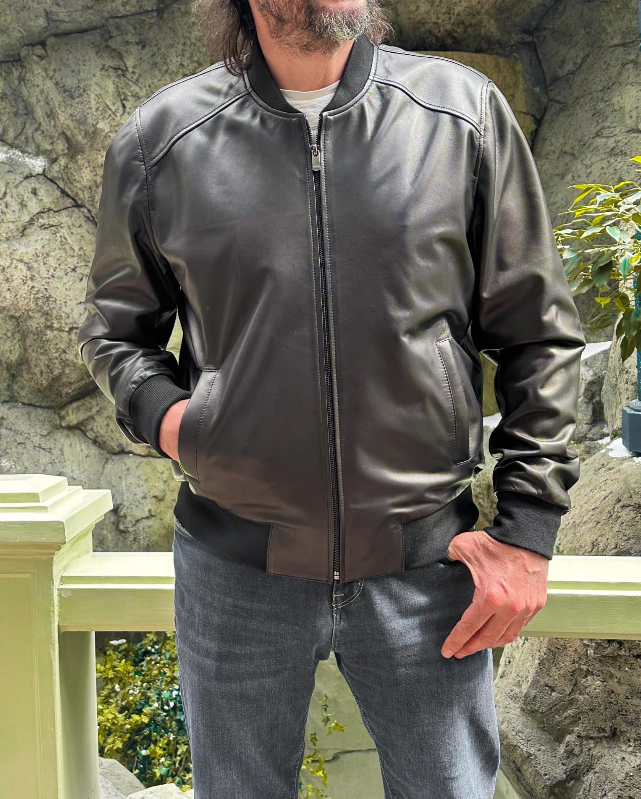 Bigardini Men's Leather Bomber Jacket - Genuine Lambskin Leather Jacket for Men - Black customer photo 1