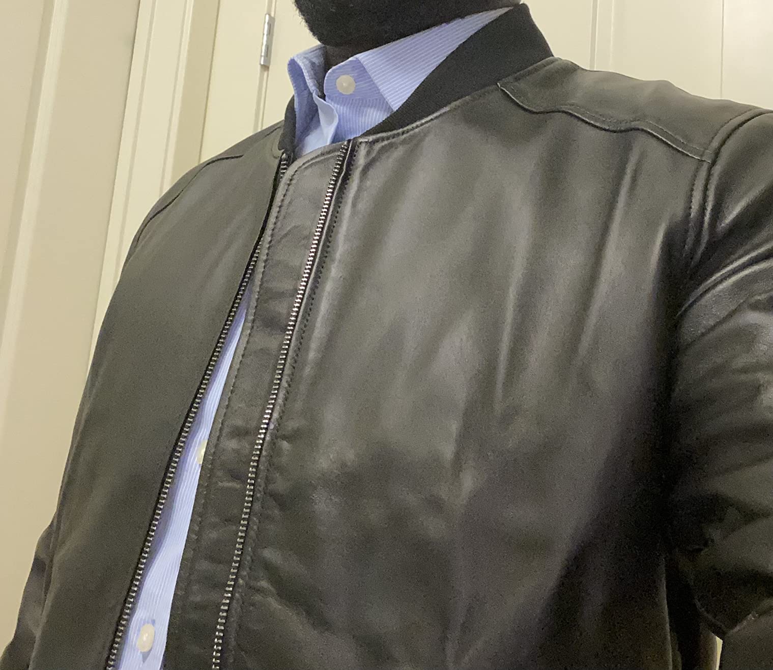 Bigardini Men's Leather Bomber Jacket - Genuine Lambskin Leather Jacket for Men - Black customer photo 2