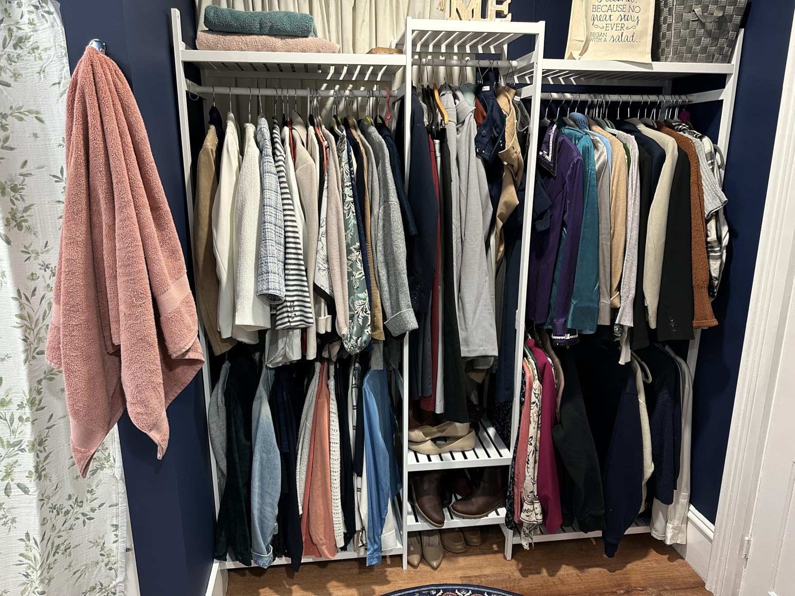 Homykic Bamboo Closet System Clothes Rack, Large Freestanding Garment Rack Clothing Rack for Hanging Clothes with 7 Storage Shelves and 5 Rods, Open Wardrobe Organizer with 4 Hooks, Natural customer photo 2