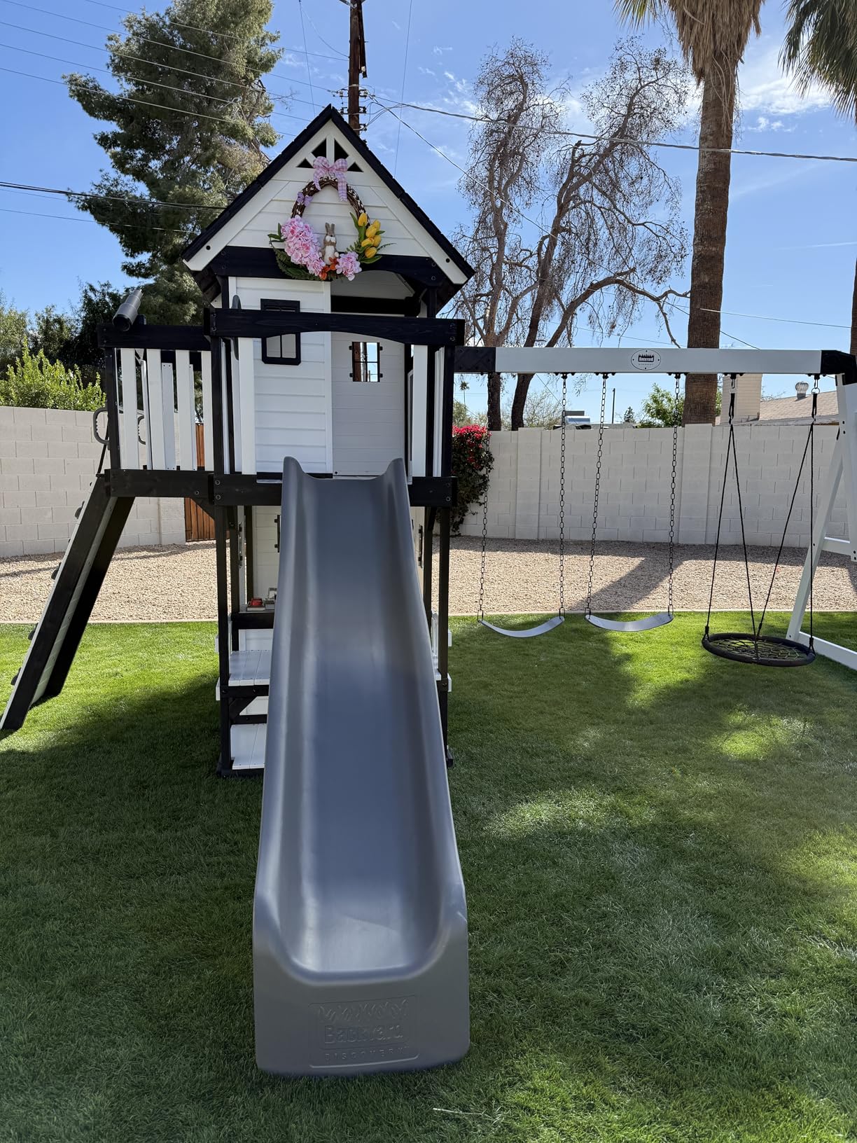 Backyard Discovery Canyon Creek Cedar Wood Swing Set with Wave Slide, Clubhouse, Play Kitchen, Picnic Area, Belt Swings, Web Swing, Rock Wall, Balconies, Playhouse, Step Ladder, Outdoor Playset customer photo 2