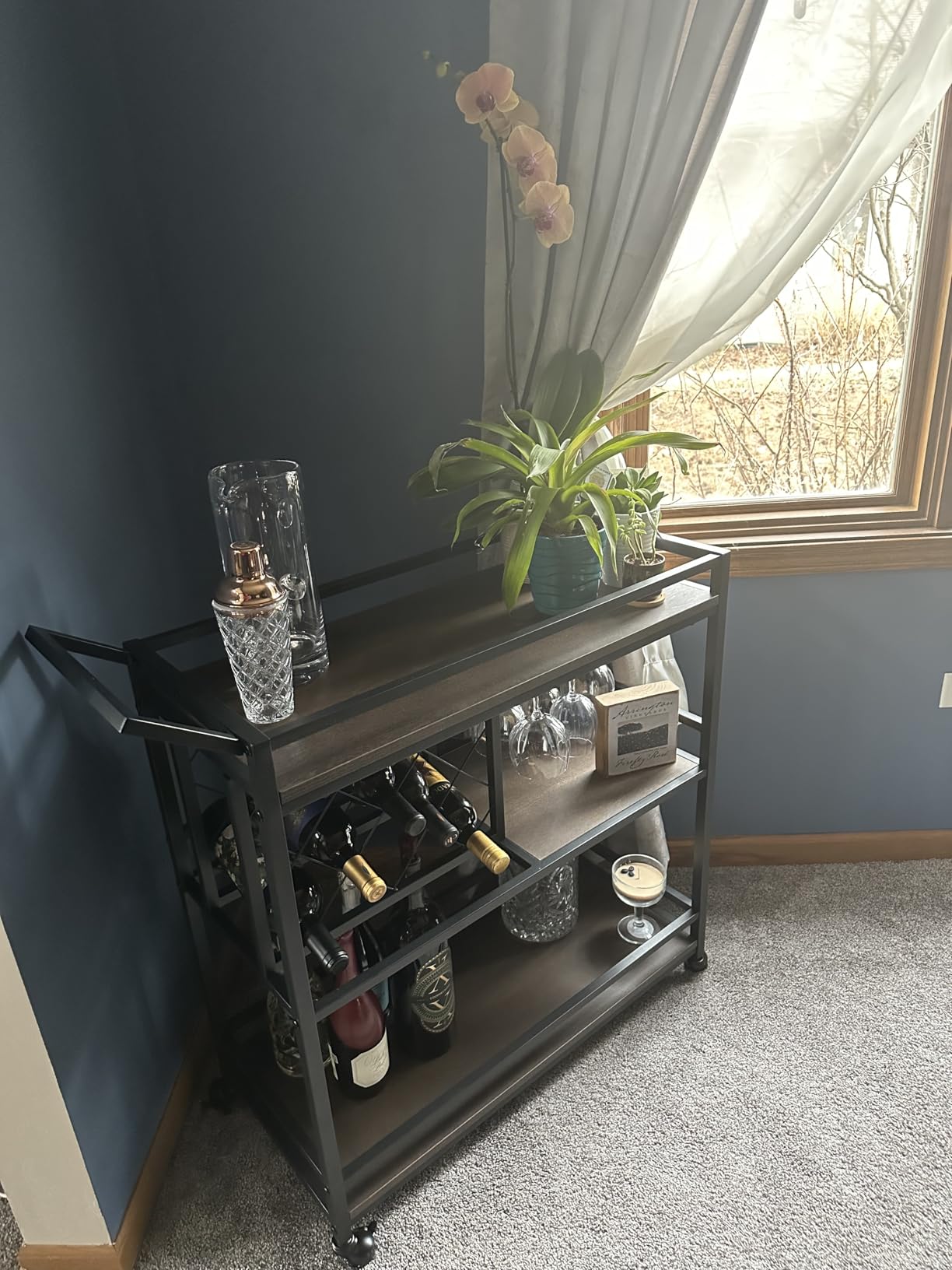 FATORRI Bar Cart for The Home with Wine Rack and Glasses Holder, Small Home Bar Serving Cart on Wheels for Liquor and Alcohol (Walnut Brown) customer photo 1