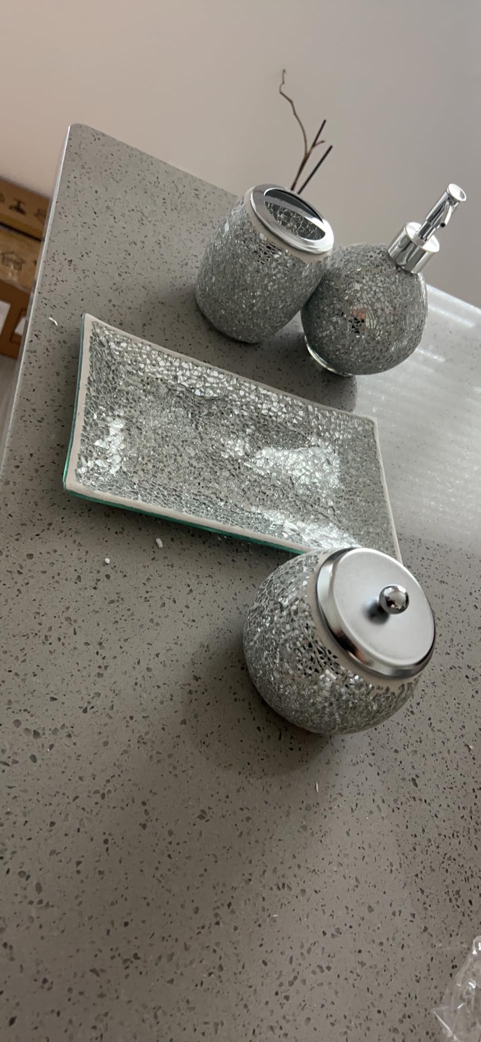 Mosaic Glass Bathroom Accessories Set, Modern Luxury Bath Ensemble, Includes Soap Dispenser & Cotton Swab Jar & Toothbrush Holder & Vanity Tray (Shiny Silver) customer photo 2