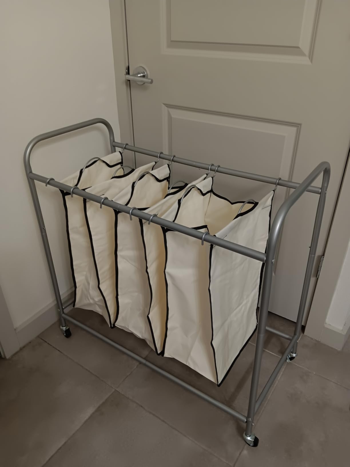 LINZINAR 3 Bag Laundry Basket Sorter Heavy Duty Rolling Lockable Wheels Laundry Hamper Cart with Ironing Board and Removable Bags, Black customer photo 1