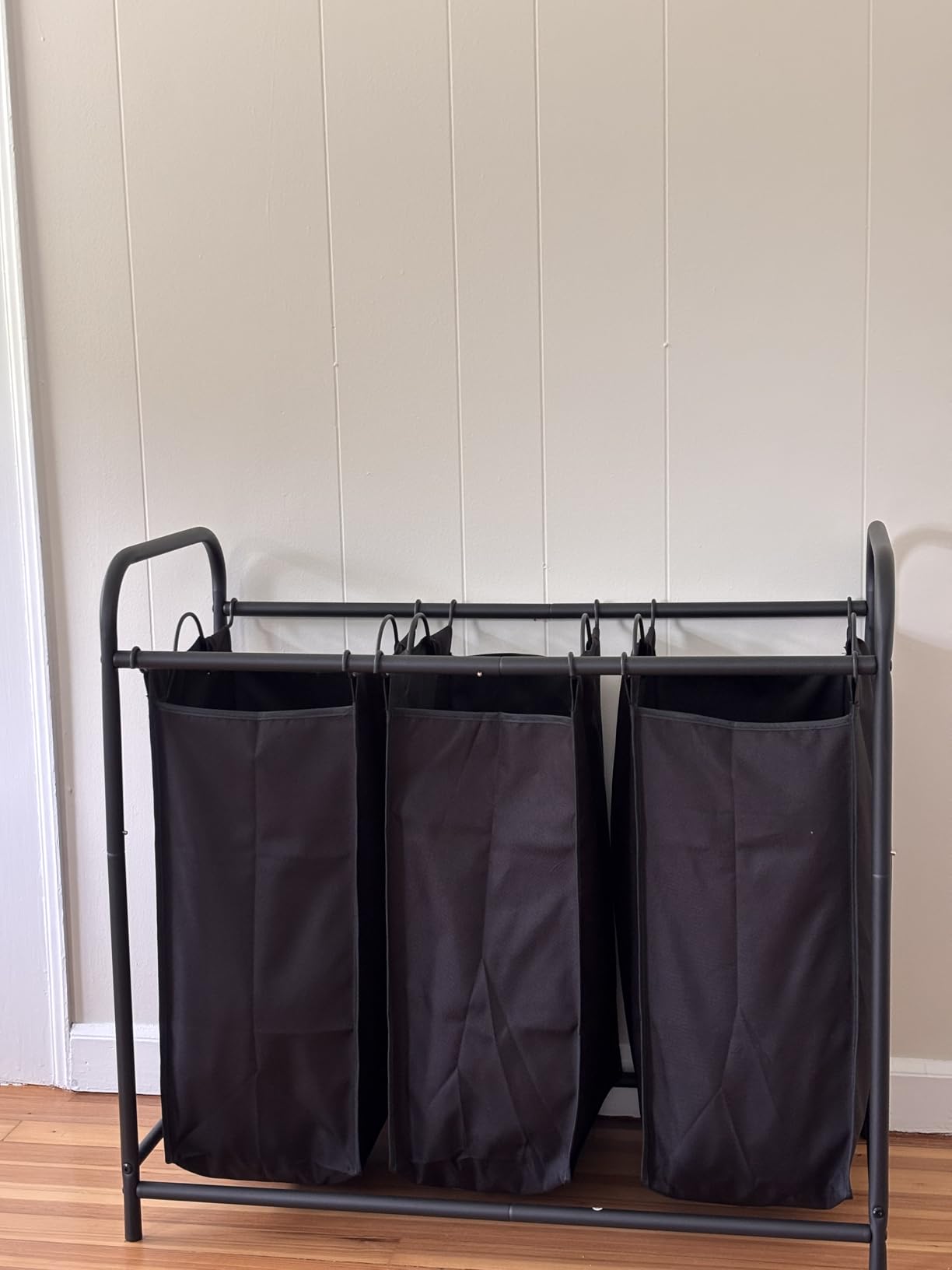 LINZINAR 3 Bag Laundry Basket Sorter Heavy Duty Rolling Lockable Wheels Laundry Hamper Cart with Ironing Board and Removable Bags, Black customer photo 2
