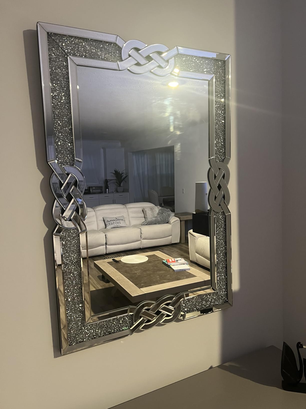 Crushed Diamond Mirror Silver Vanity Rectangular Wall Decor 36x24 inch customer photo 2