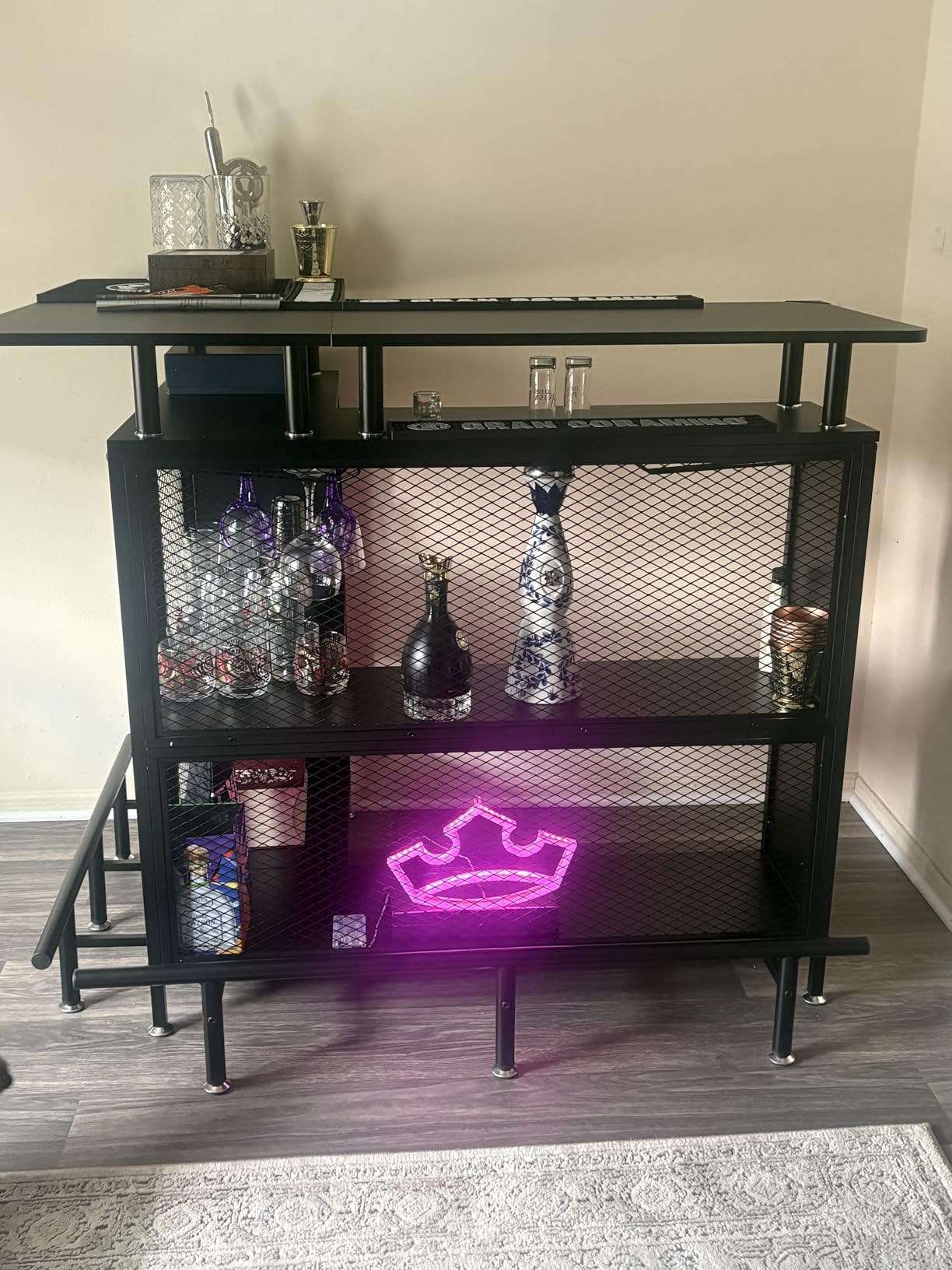 Tribesigns Home Bar Unit, L-Shaped Bar Table with Stemware Racks and 2-Tier Shelves, Corner Mini Coffee Liquor Cabinet with Footrest for Home/Kitchen/Pub, Black customer photo 1