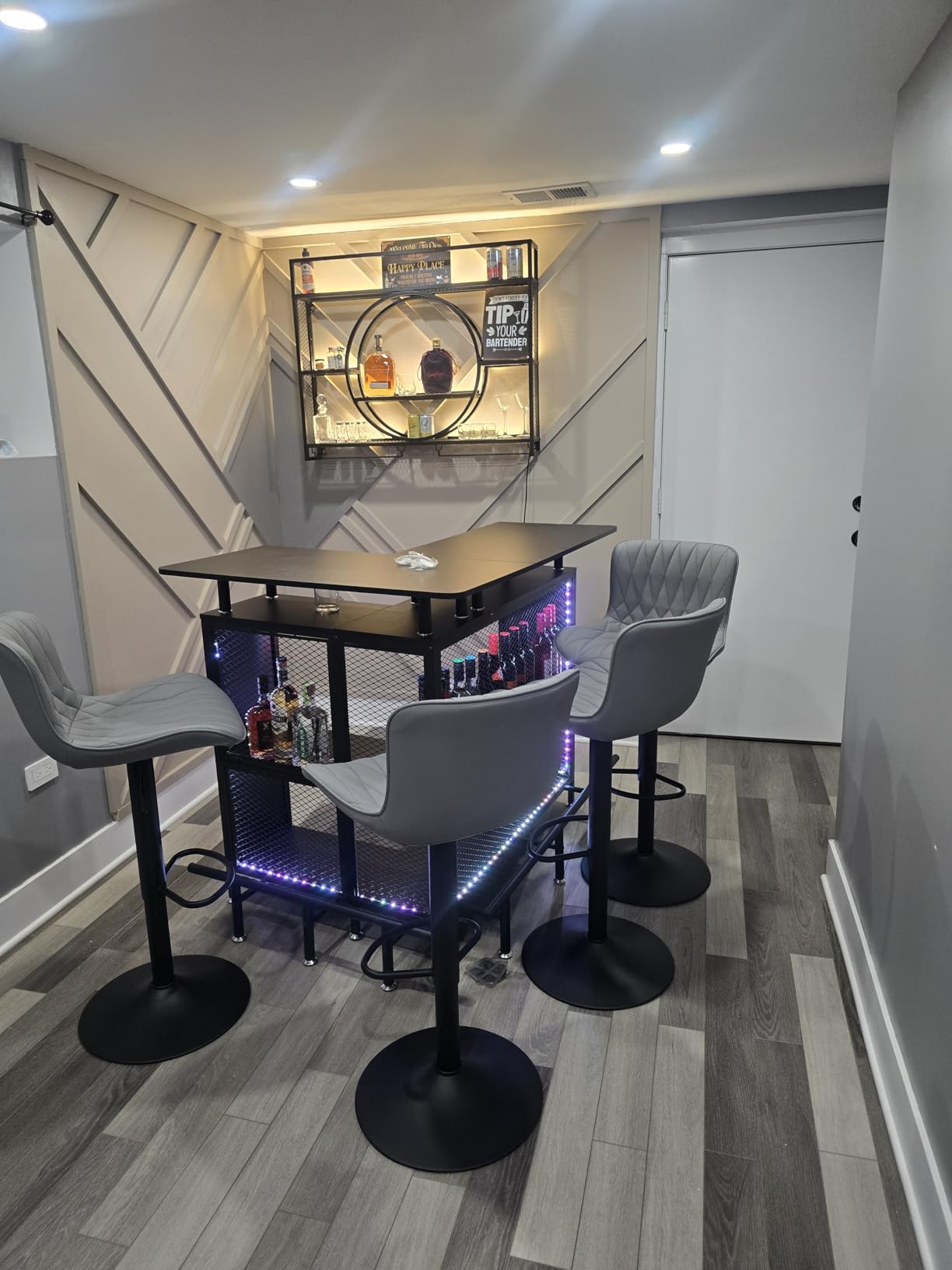 Tribesigns Home Bar Unit, L-Shaped Bar Table with Stemware Racks and 2-Tier Shelves, Corner Mini Coffee Liquor Cabinet with Footrest for Home/Kitchen/Pub, Black customer photo 2