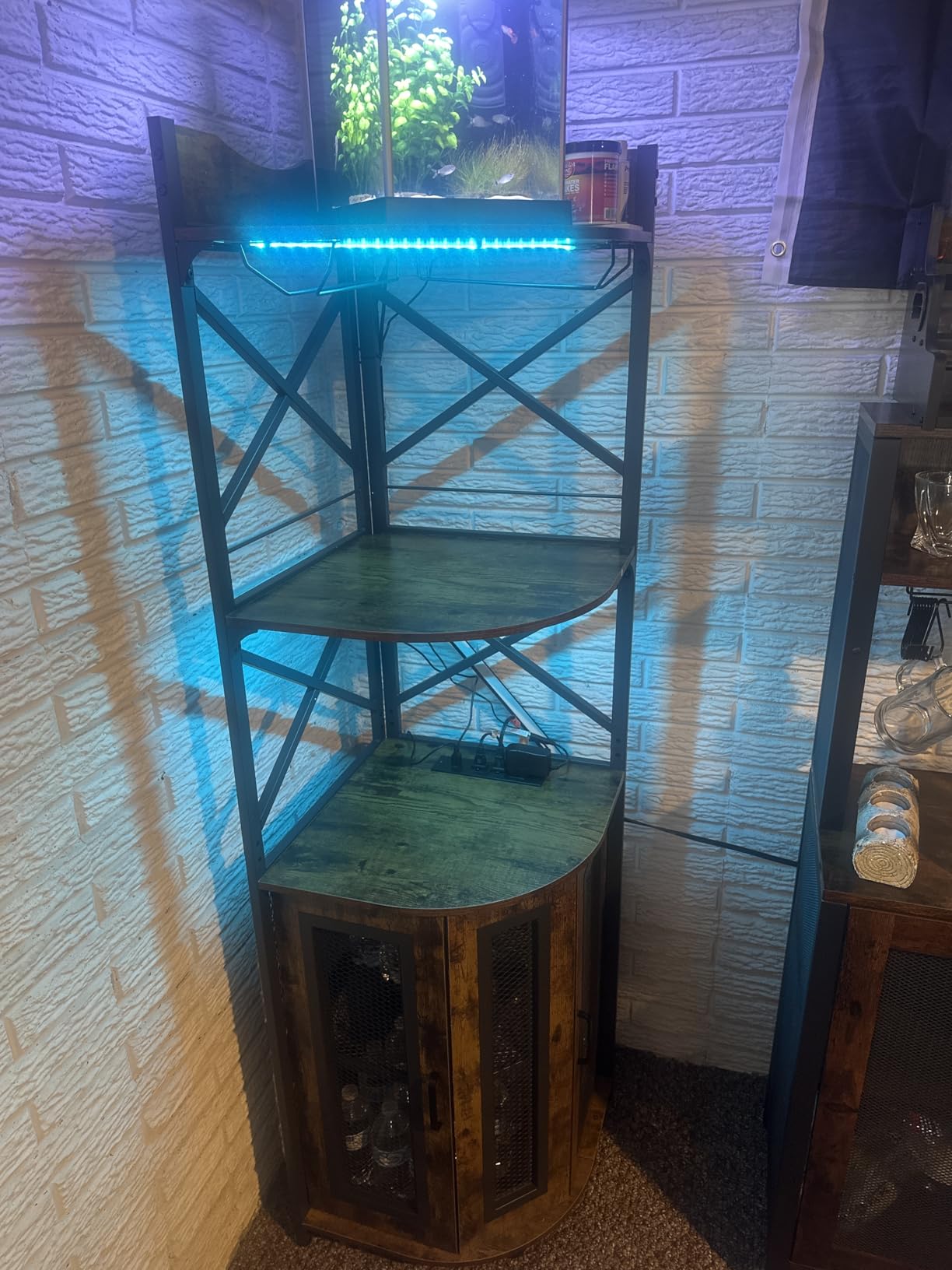 Aheaplus Corner Bar Cabinet with Power Outlet, Industrial Wine Cabinet with LED Strip and Glass Holder, 5-Tiers Liquor Cabinet Bar Unit for Home, Corner Display Cabinet for Small Space, Rustic Brown customer photo 2