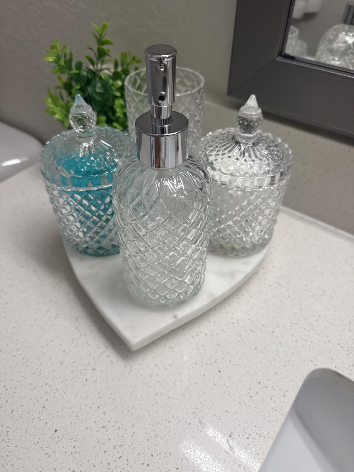 Bathroom Accessories Set, 4 Pack Clear Glass Bath Accessory Sets Complete, Diamond Soap Dispenser and Toothbrush Holder Set for Bathroom Counter Organizer customer photo 1