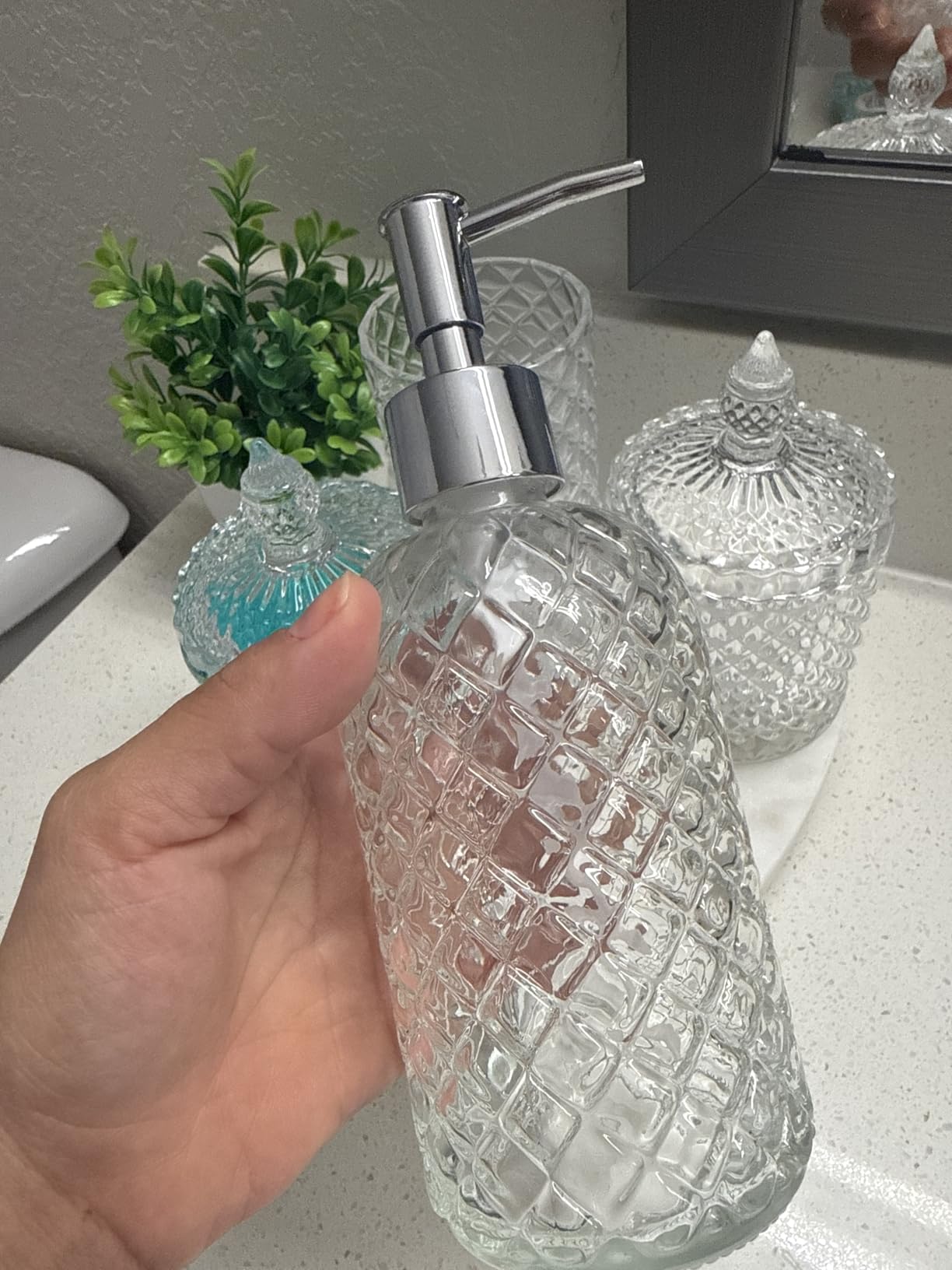 Bathroom Accessories Set, 4 Pack Clear Glass Bath Accessory Sets Complete, Diamond Soap Dispenser and Toothbrush Holder Set for Bathroom Counter Organizer customer photo 2