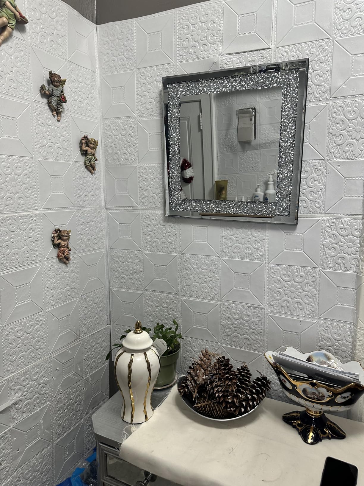 Crystal Crush Diamond Rectangle Silver Mirror for Wall Decoration 24x32inch Wall Hang Frameless Mirror Acrylic Diamond Decor customer photo 1