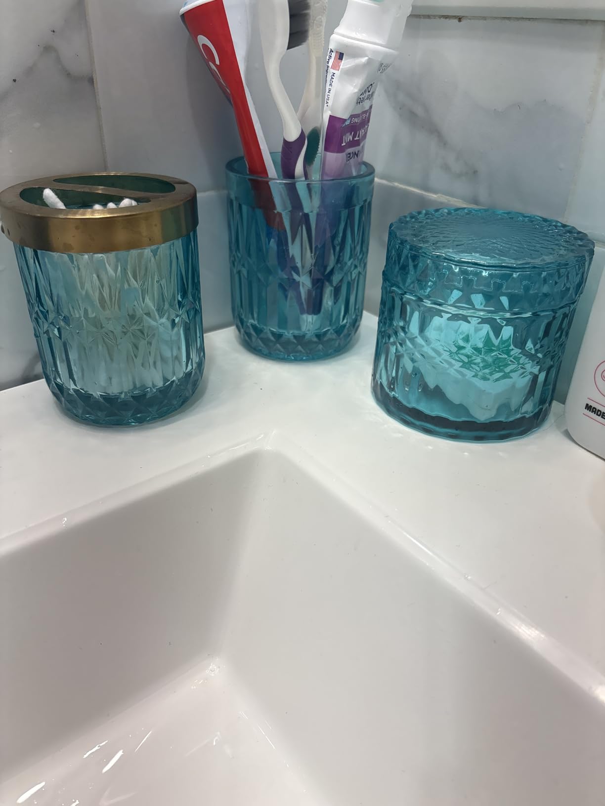 Clear Bathroom Accessories Set, 5pcs Crystal Glass Bathroom Set Accessories, Soap Dispenser, Toothbrush Holder Set, Soap Dish, Tumbler, Qtips Holder for Vintage Bathroom Decor customer photo 2