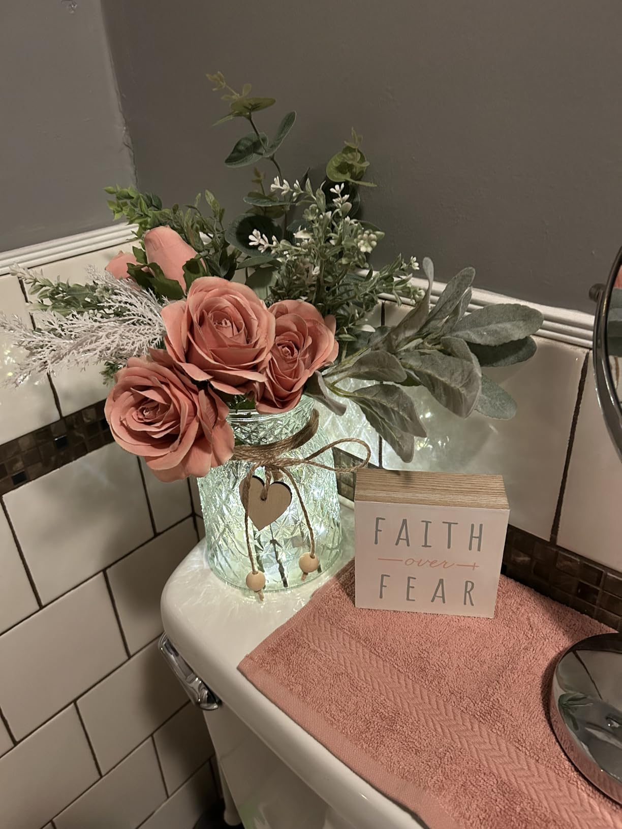 Faux Flowers with Vase,Artificial Silk Roses in Vase, Fake Plant Eucalyptus Flower Arrangement for Home Office Farmhouse Bathroom Dining Table Centerpiece Decorations Coffee Table Decor (White) customer photo 1